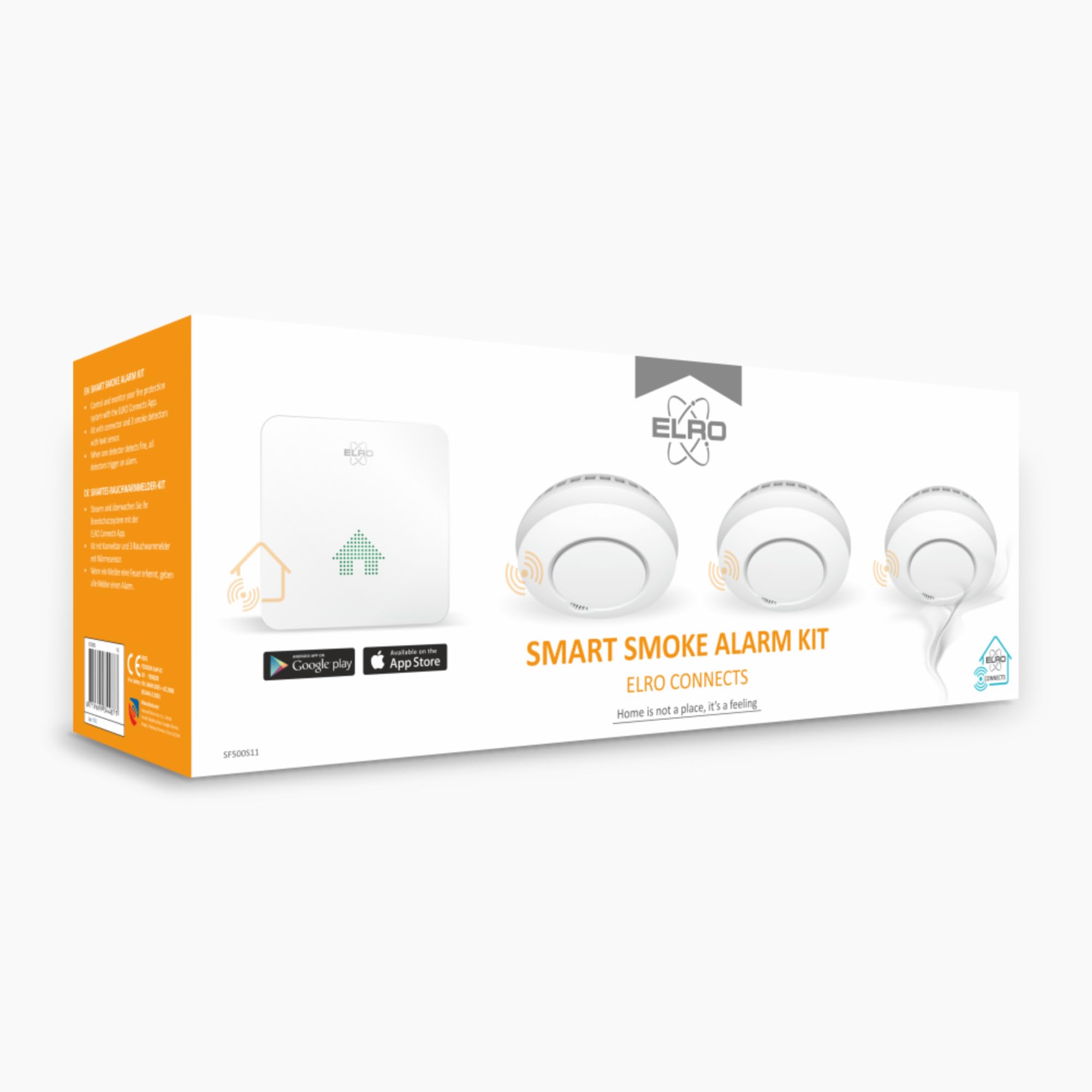ELRO Connects SF500S - Complete Wireless Smoke Detector Kit with K2 Connector + 3 Smoke Alarms - Smartphone Alerts - EN14604 Certified - Ideal for Home & Office Safety Protection