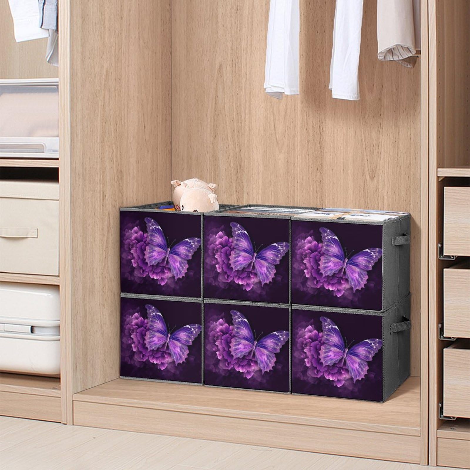 6-Piece Collapsible Storage Bins with Handles - Beautiful Purple Butterfly Floral Design, Multi-Functional Foldable Organizer Boxes for Shelves, Closet, Bathroom & Home Organization | Space-Saving Storage Solution for Bedroom, Office & Kids Room