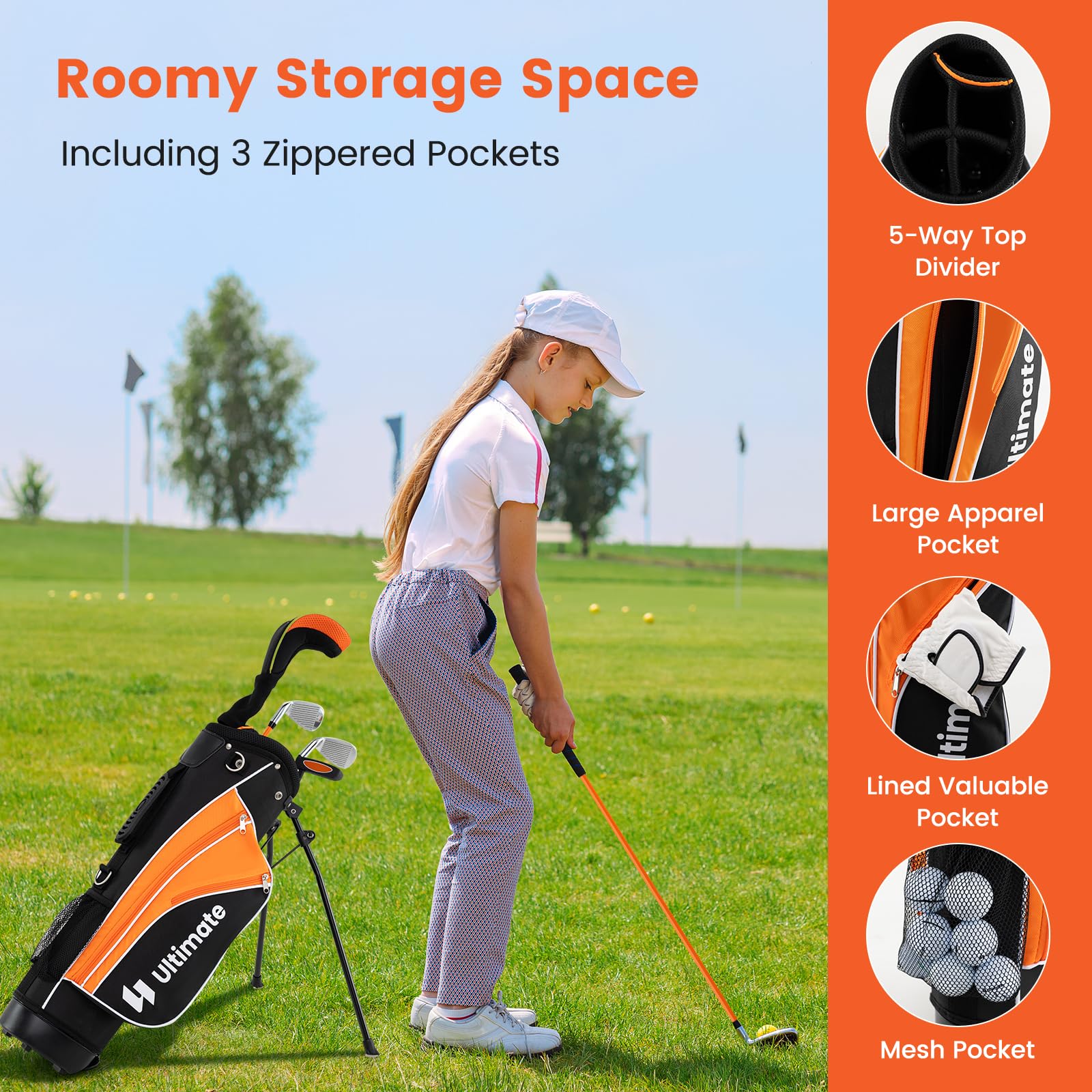 **Tangkula Junior Golf Club Set for Kids - Right Handed with #3 Fairway Wood, #7/#9 Irons, Putter, Head Cover & Rain Hood - Lightweight Stand Bag - Perfect for Young Golfers & Beginners - Ideal for Backyard Practice, Driving Range & Junior Tournaments**