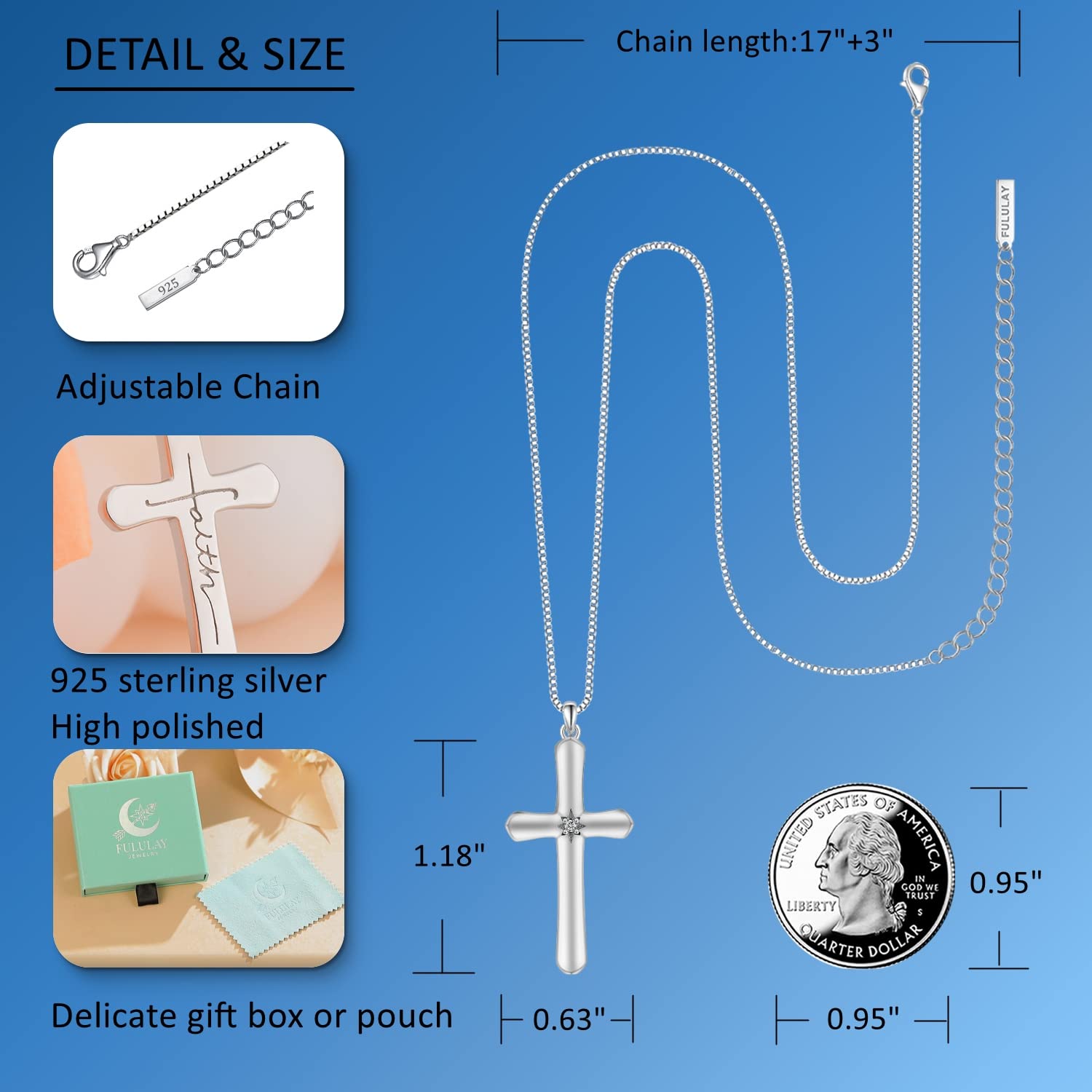FULULAY Sterling Silver Cross Necklace for Women - Religious Cross Pendant Jewelry Gift for Girlfriend, Wife, Mother - Perfect for Birthday, Christmas & Special Occasions - Elegant Everyday Wear & Church Accessory