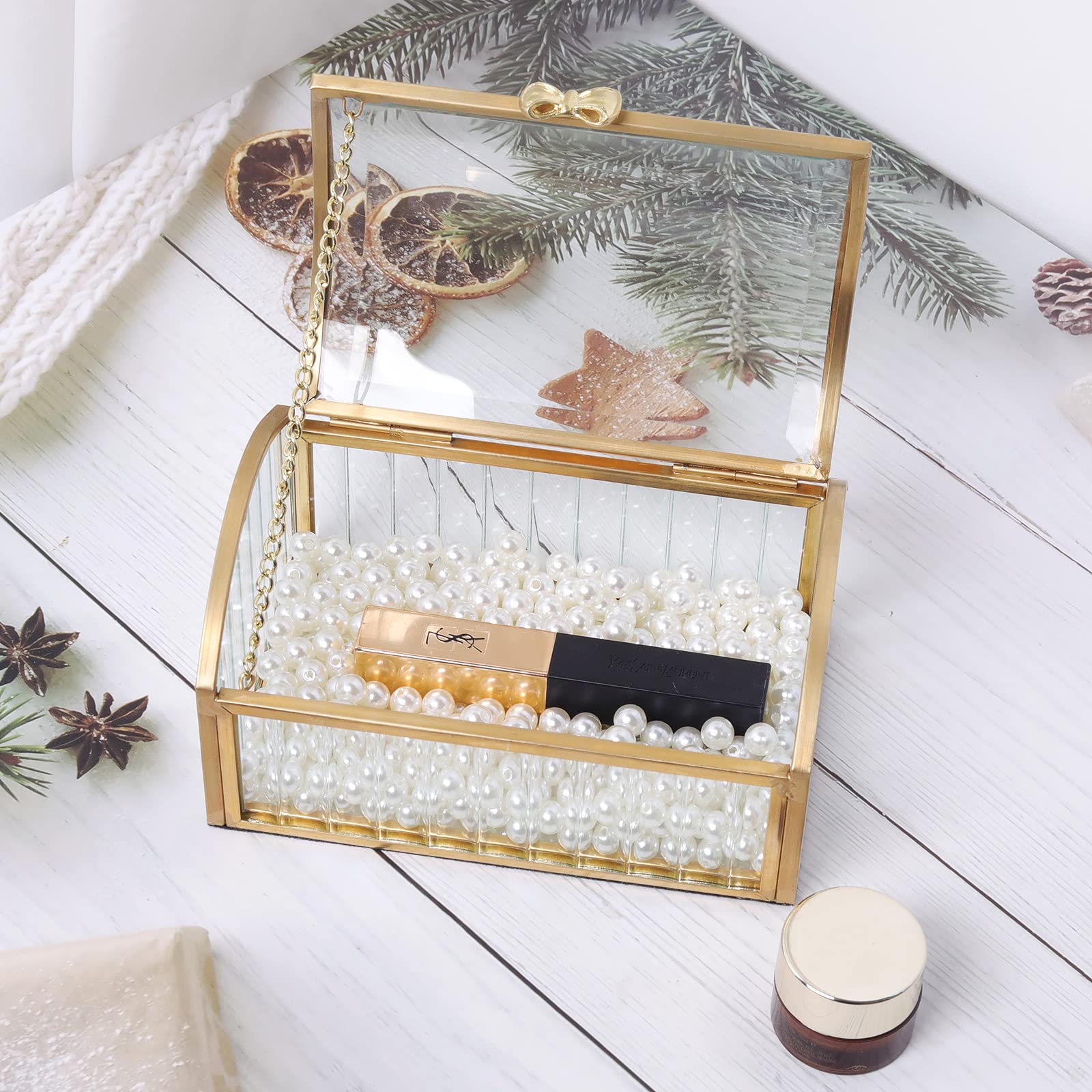 LONGSHENG Gold Jewelry Trinket Box - Glass Decorative Storage Box for Bracelets, Necklaces, Rings & Watches - Large Cosmetic Organizer for Vanity, Dresser & Travel Since 2001