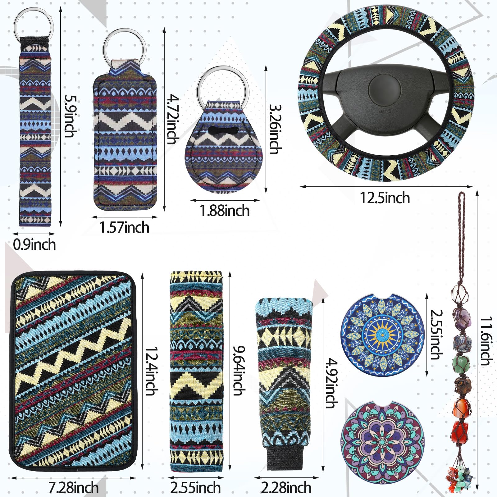 **Frienda Baja Full Set Car Seat Covers – Multicolor Stripe Boho Print, Steering Wheel Cover, Seat Belt Cover & Crystal Hanging Ornament – Universal Fit for Cars (Fresh Style) – Perfect for Road Trips, Daily Commutes & Car Interior Styling**
