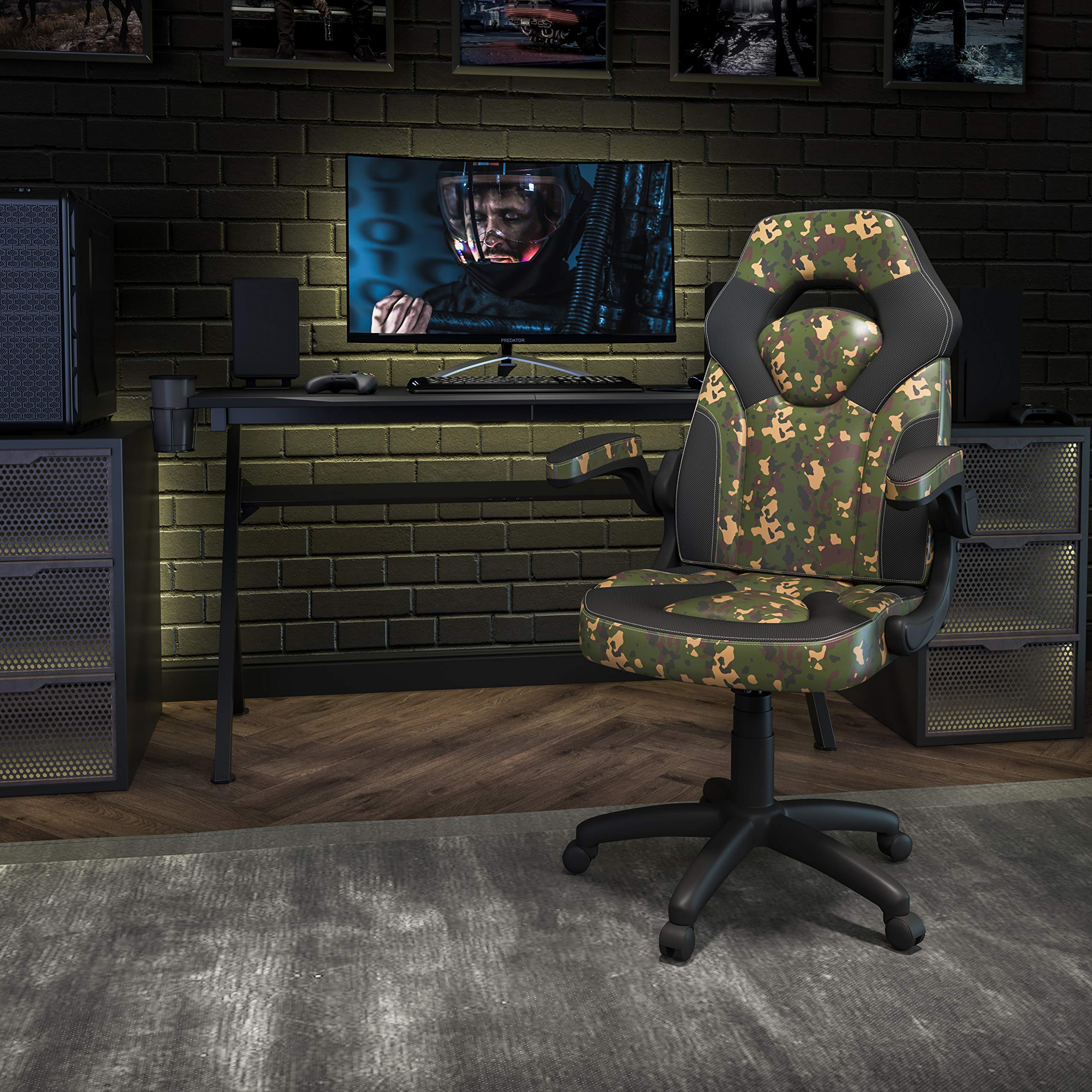 Premium Gaming Racing PC Chair with Flip-Up Arms - Camouflage/Black LeatherSoft for Esports & Office - Ergonomic Comfort for Long Gaming Sessions & Work