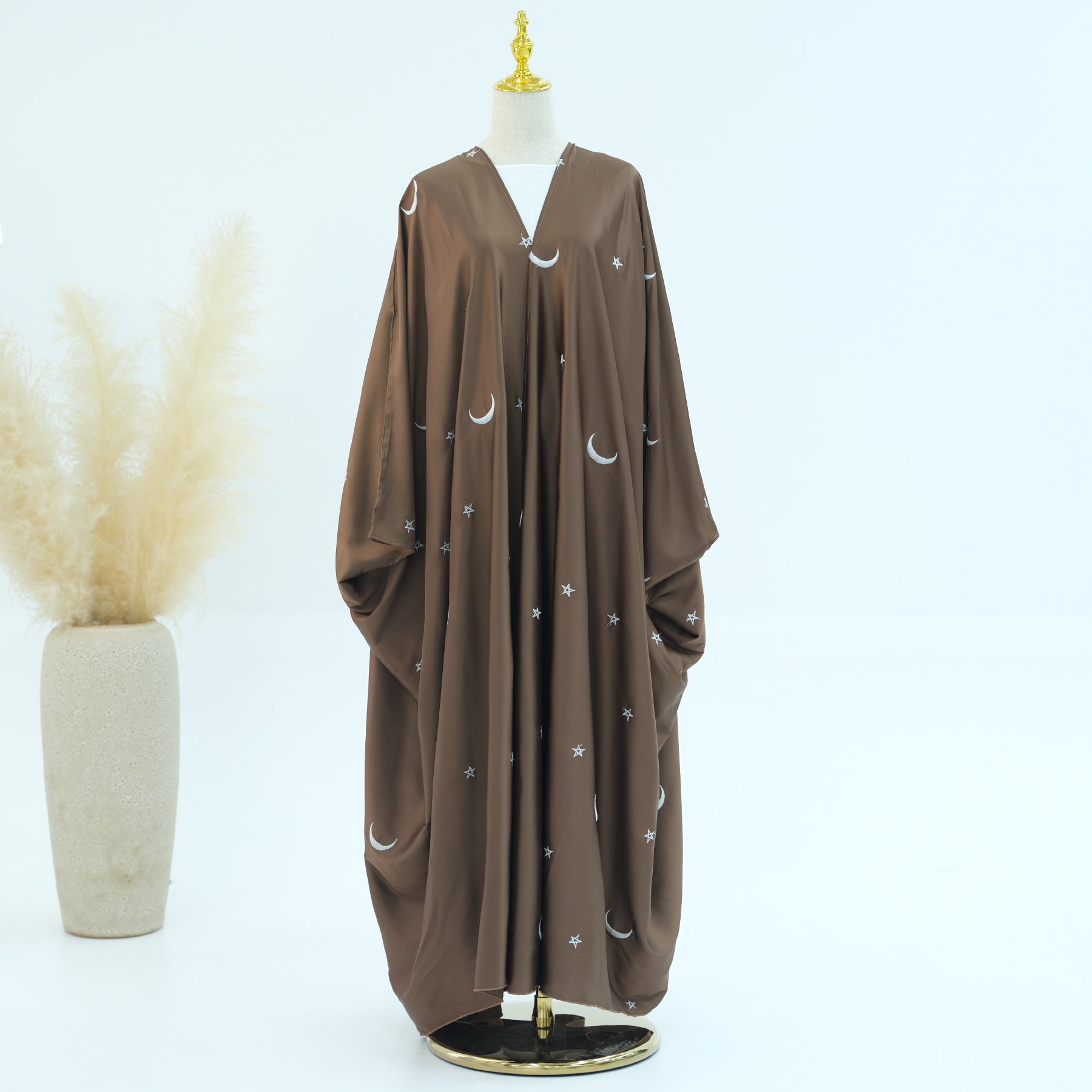 Elegant Hannah Moon Star Open Abaya in Brown - Modest Islamic Prayer Dress for Women - Perfect for Daily Wear, Mosque Visits & Special Occasions