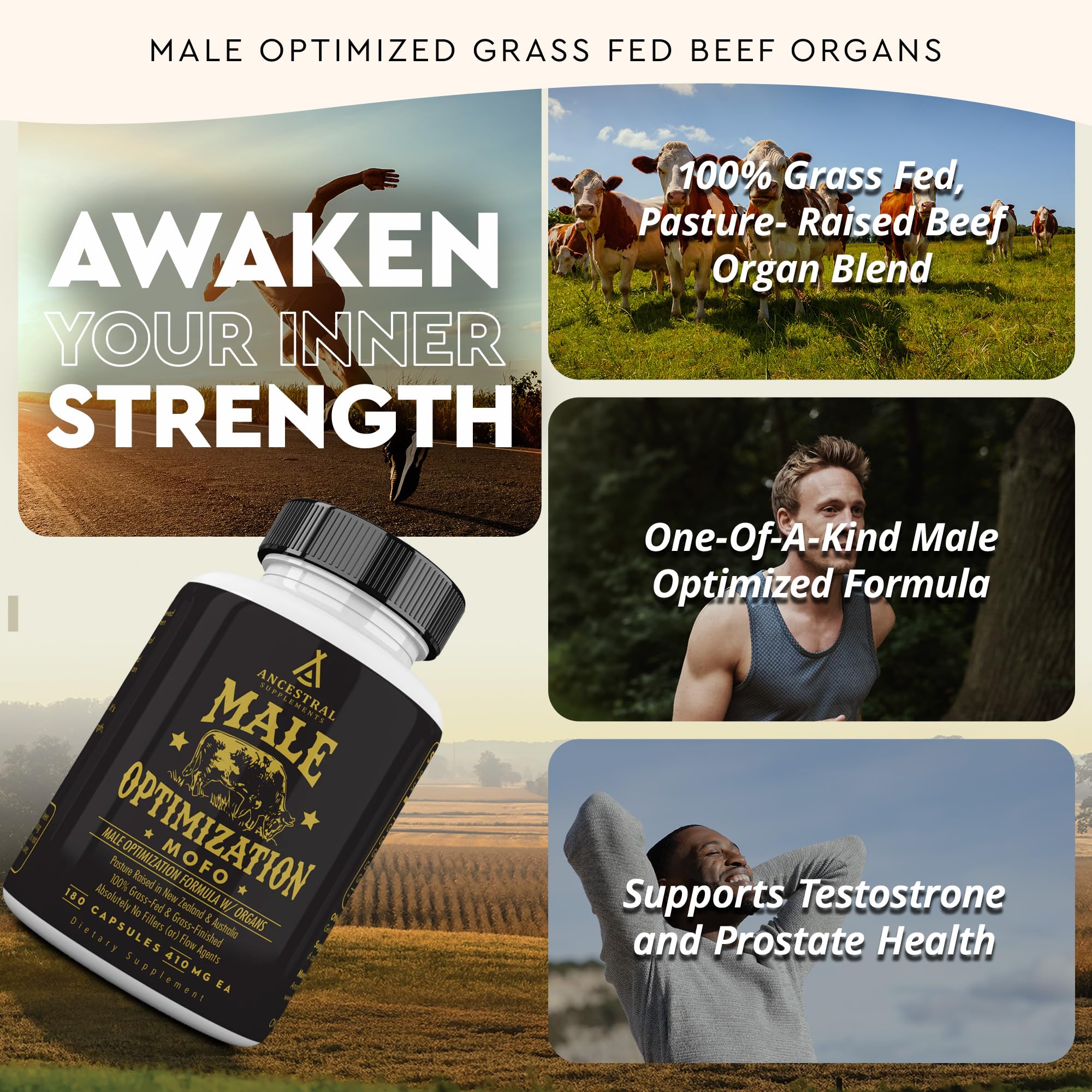 Ancestral Supplements Mofo - Natural Testosterone & Energy Booster for Men - Grass Fed Beef Liver Organ Supplement - Non-GMO, No Fillers - 180 Capsules - Supports Men's Health, Vitality & Workout Performance
