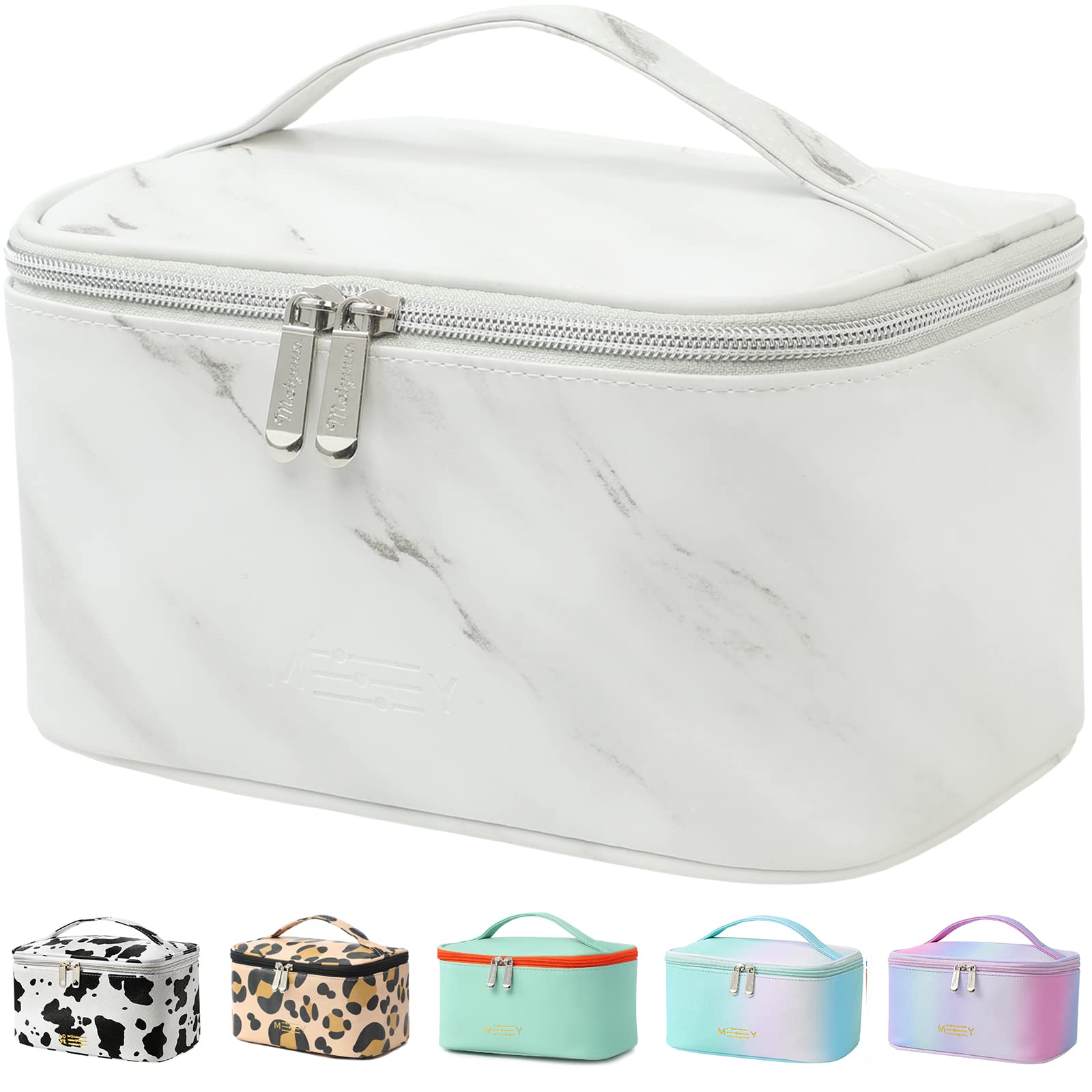 Meiyuuo Small Waterproof Makeup Bag for Women & Girls - Cute White Marble Cosmetic Organizer with Zipper Pouch for Purse Essentials | Perfect for Travel, Gym & Daily Use