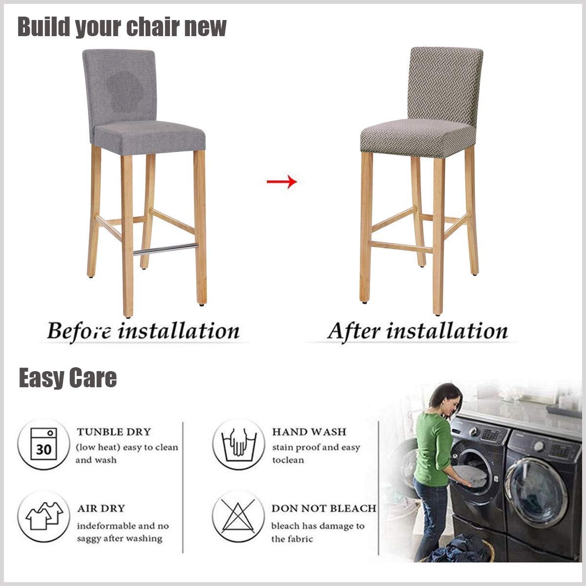 Stretch Jacquard Bar Chair Covers with Backrest - Washable & Removable Slipcovers for Dining Chairs, Bar Stools & Rotating Chairs (Set of 4, Taupe) - Perfect for Home, Cafe & Restaurant Decor