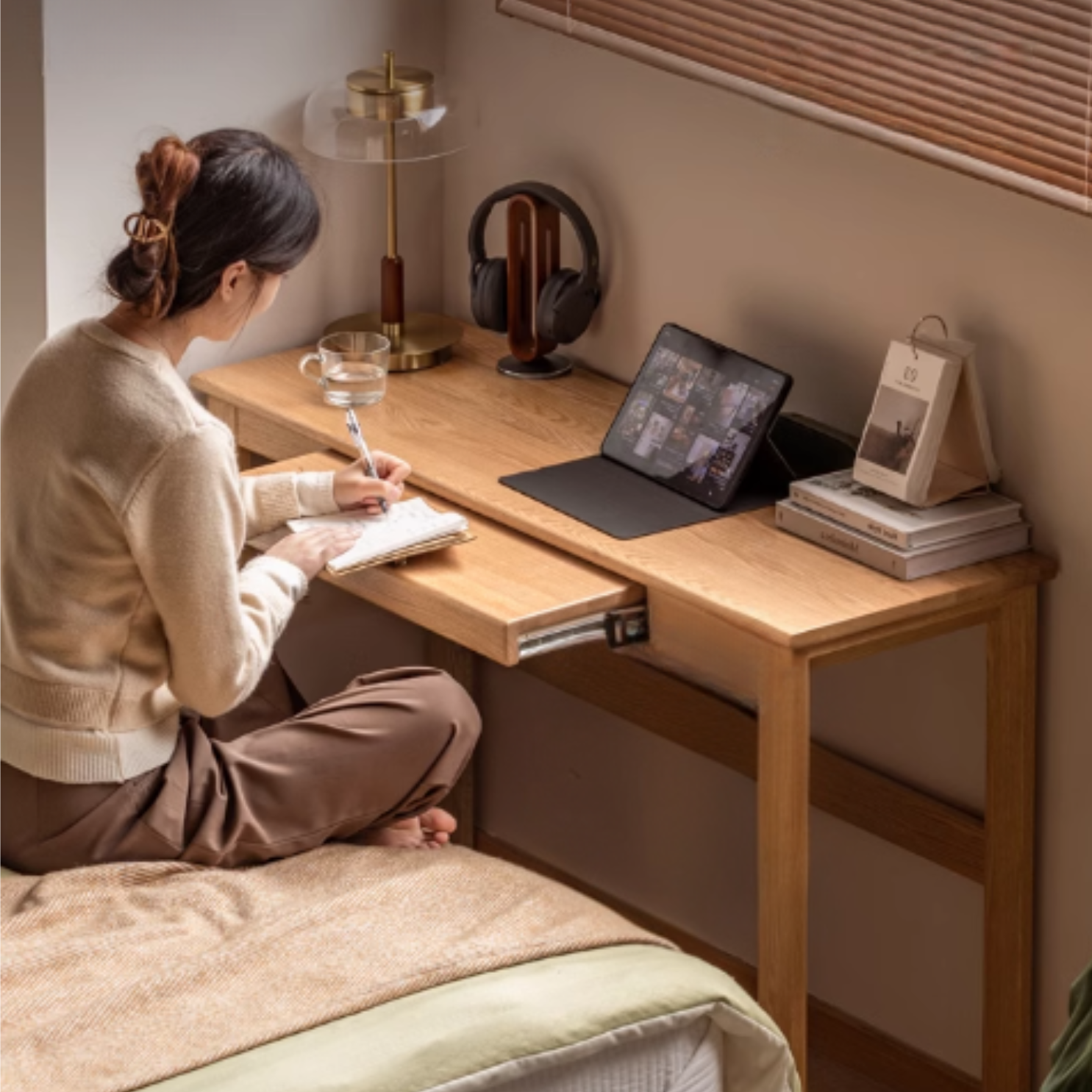Solid Oak Retractable Writing Desk - Narrow Space-Saving Home Office Desk for Small Rooms & Apartments | Perfect for Study, Work & Remote Learning