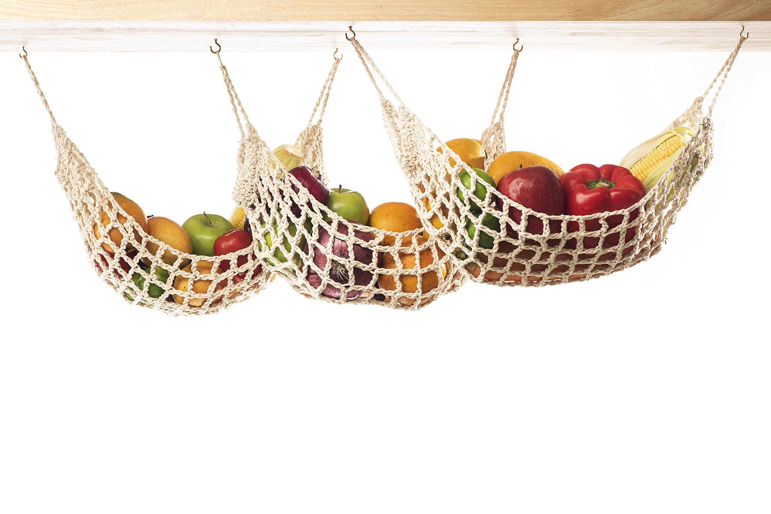 3 Pack Hanging Fruit Hammock - 3 Handwoven Cotton Vegetable & Banana Storage Baskets with 6 Hooks - Space Saving Kitchen Organizer for Counter, Cabinet, RV or Boat - Perfect for Storing Fruits, Vegetables & Kitchen Essentials
