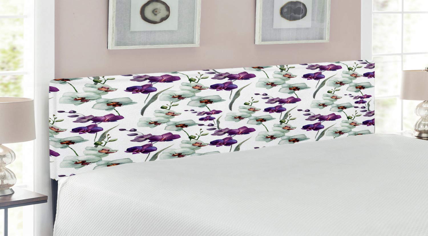 Ambesonne Watercolor Flower Headboard - King Size Upholstered Metal Bed Frame with Memory Foam, Wild Orchid Floral Design in Purple & White | Perfect for Master Bedroom Decor, Romantic Bedroom Makeover & Boho Chic Home Styling