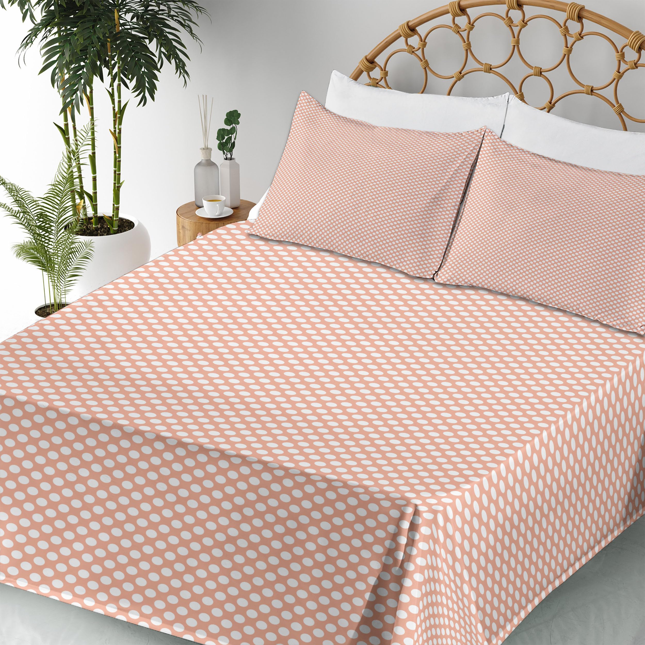 Ambesonne Abstract King Size 4-Piece Sheet Set - Monochrome Polka Dots, Symmetrical Circle Design, Peach & White - Soft Bedding for Modern Bedrooms, Guest Rooms & Dorm Decor