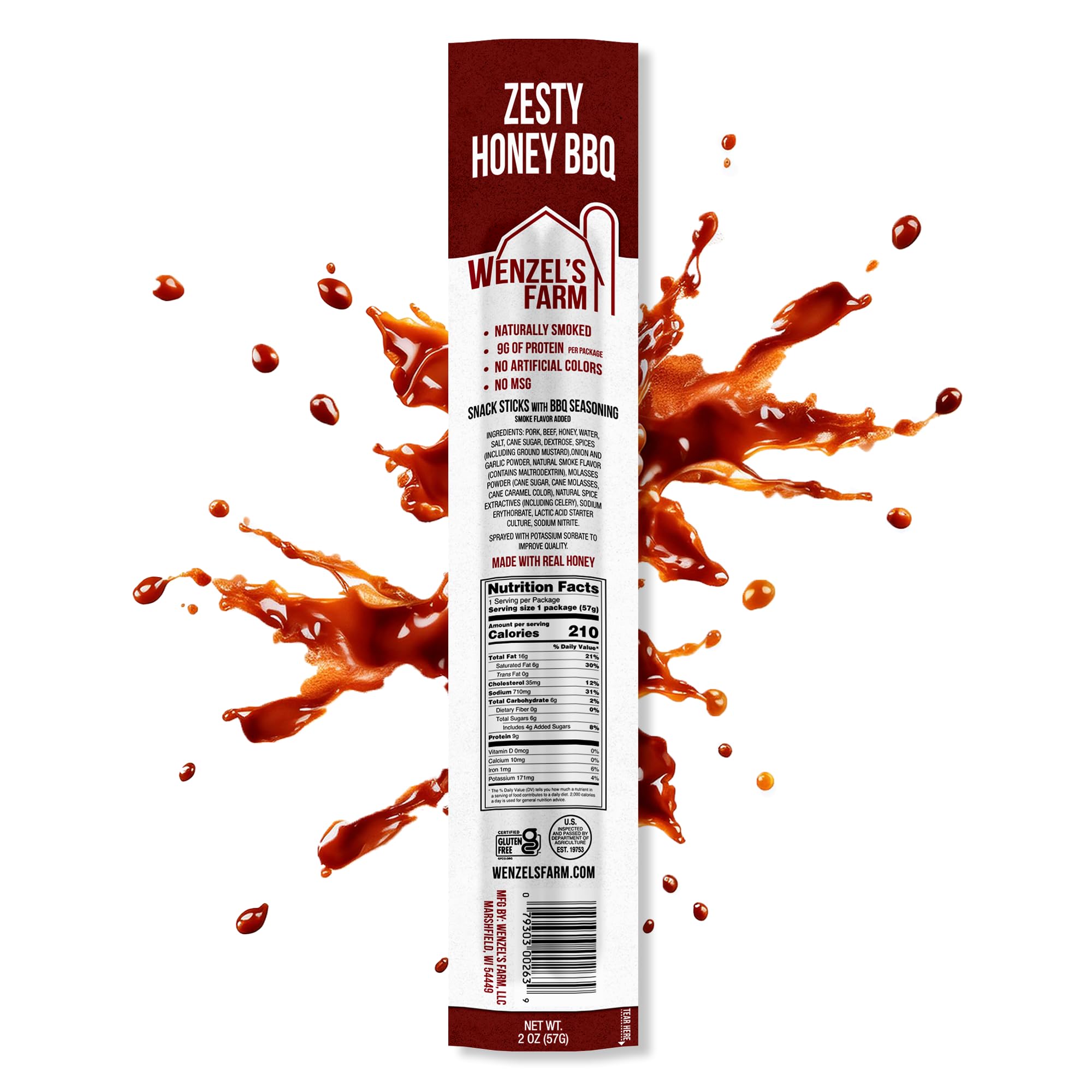 Wenzel’s Farm Zesty Honey BBQ Sticks - Natural Smoked High Protein Low Carb Snack - Gluten Free No MSG or Artificial Ingredients - 16 Sticks (8 Packs of 2) - Perfect for Hiking, Camping & On-the-Go Protein Boost