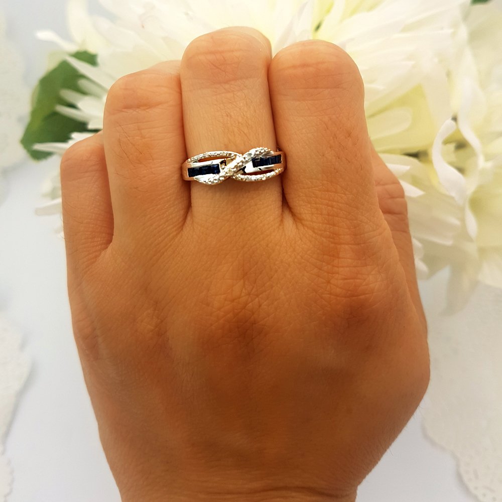 Princess Blue Sapphire & Round White Diamond Engagement Ring for Women - Sterling Silver Swirl Style | Dazzlingrock Collection | Perfect for Proposals, Anniversaries & Special Occasions