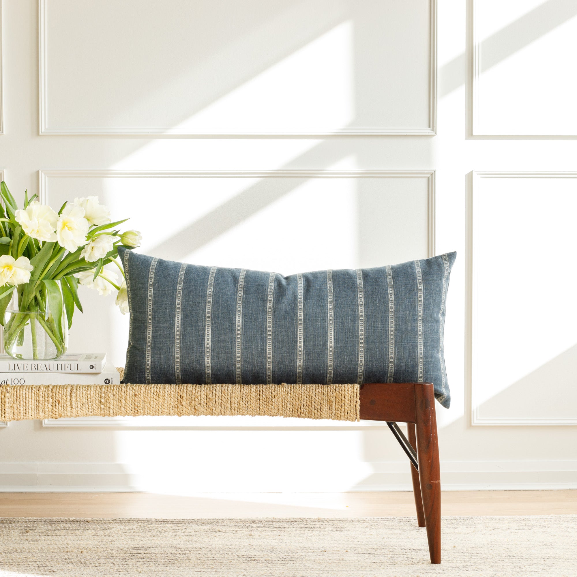 Brunswick Stripe 15x32 XL Lumbar Pillow in Chambray Blue - Perfect for Sofa, Bed & Office Chair Back Support