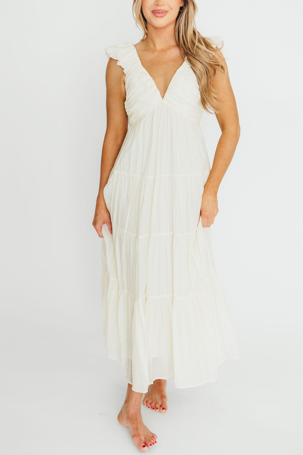 Katy Pleated Bodice Midi Dress in Cream | Bump Friendly Maternity Dress | Perfect for Baby Showers, Weddings & Special Occasions