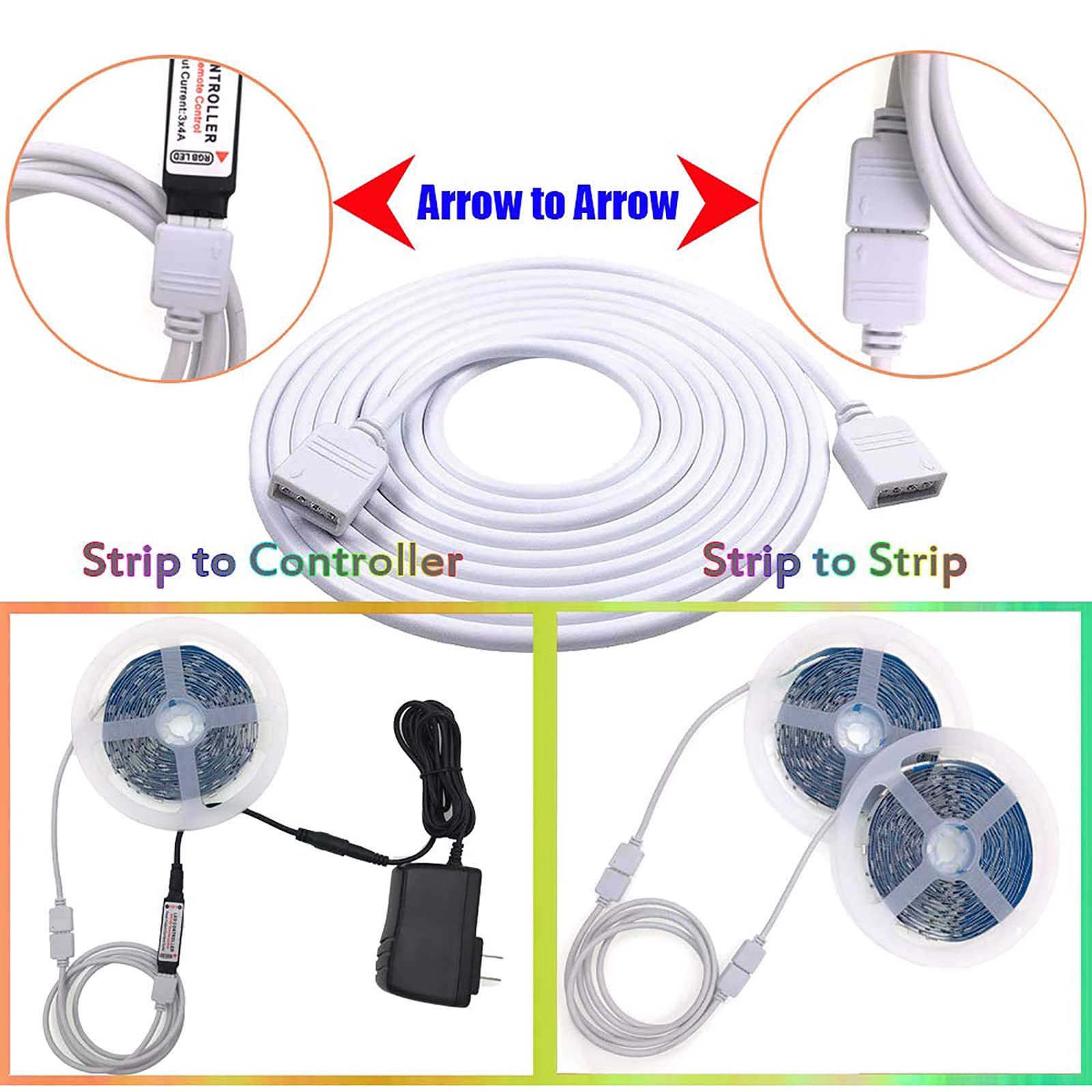 VIPMOON 3 Pack 2M/6.6ft 4-Pin RGB LED Extension Cable for SMD 5050/3528 LED Strip Lights - Includes Free Connectors & Jumper Cables - Perfect for Home Lighting, Gaming Setup, and DIY Projects