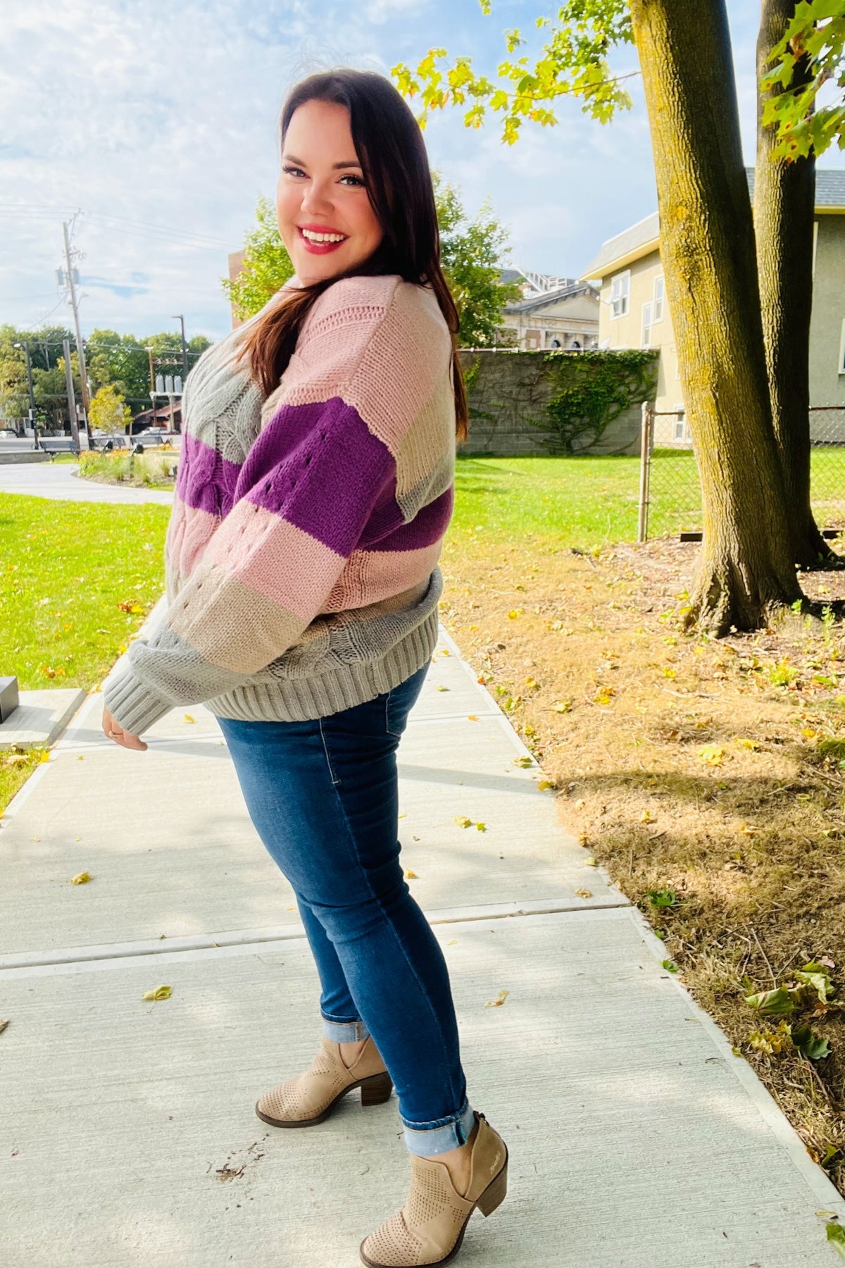 Fall For You Mauve Multicolor Stripe Cable Knit Mock Neck Sweater | Women's Cozy Winter Pullover | Perfect for Christmas, Holiday Parties & Casual Outings
