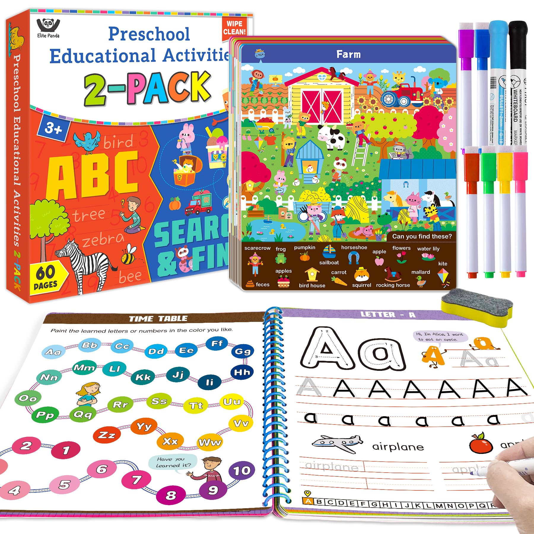 Elite Panda Preschool Learning Activities - 60 Reusable Pages (2-Pack) Kindergarten Workbook, Search & Find Books for Kids Ages 3-6, Educational Art & Craft Supplies for Boys & Girls - Perfect for Homeschooling, Classroom & Travel Learning