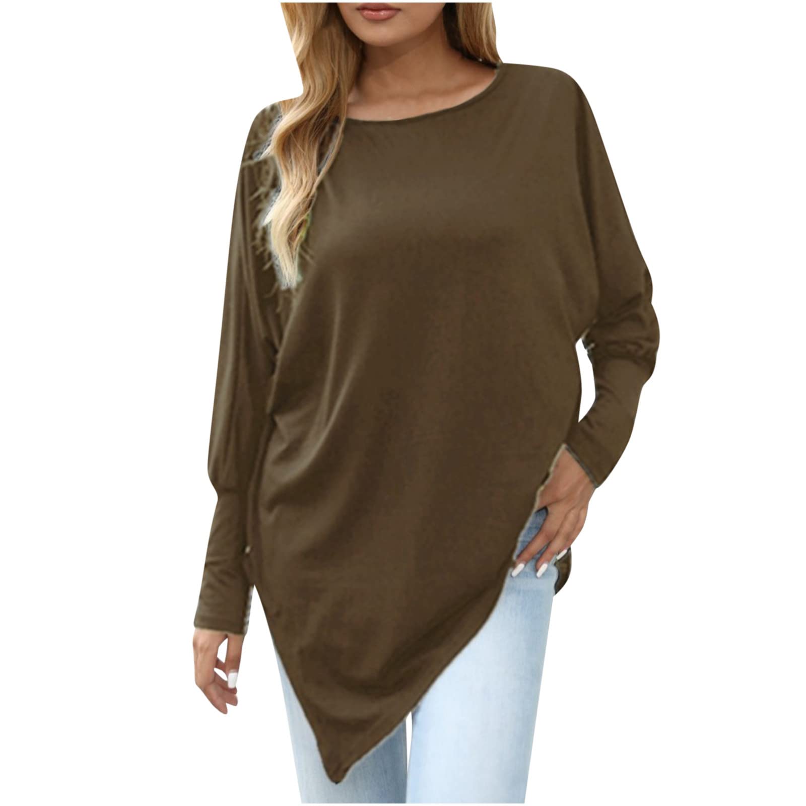 Women's Casual Asymmetrical Hem Long Sleeve Crew Neck Pullover Shirt - Loose Flowy Tunic Blouse for Work, Date Night & Everyday Wear