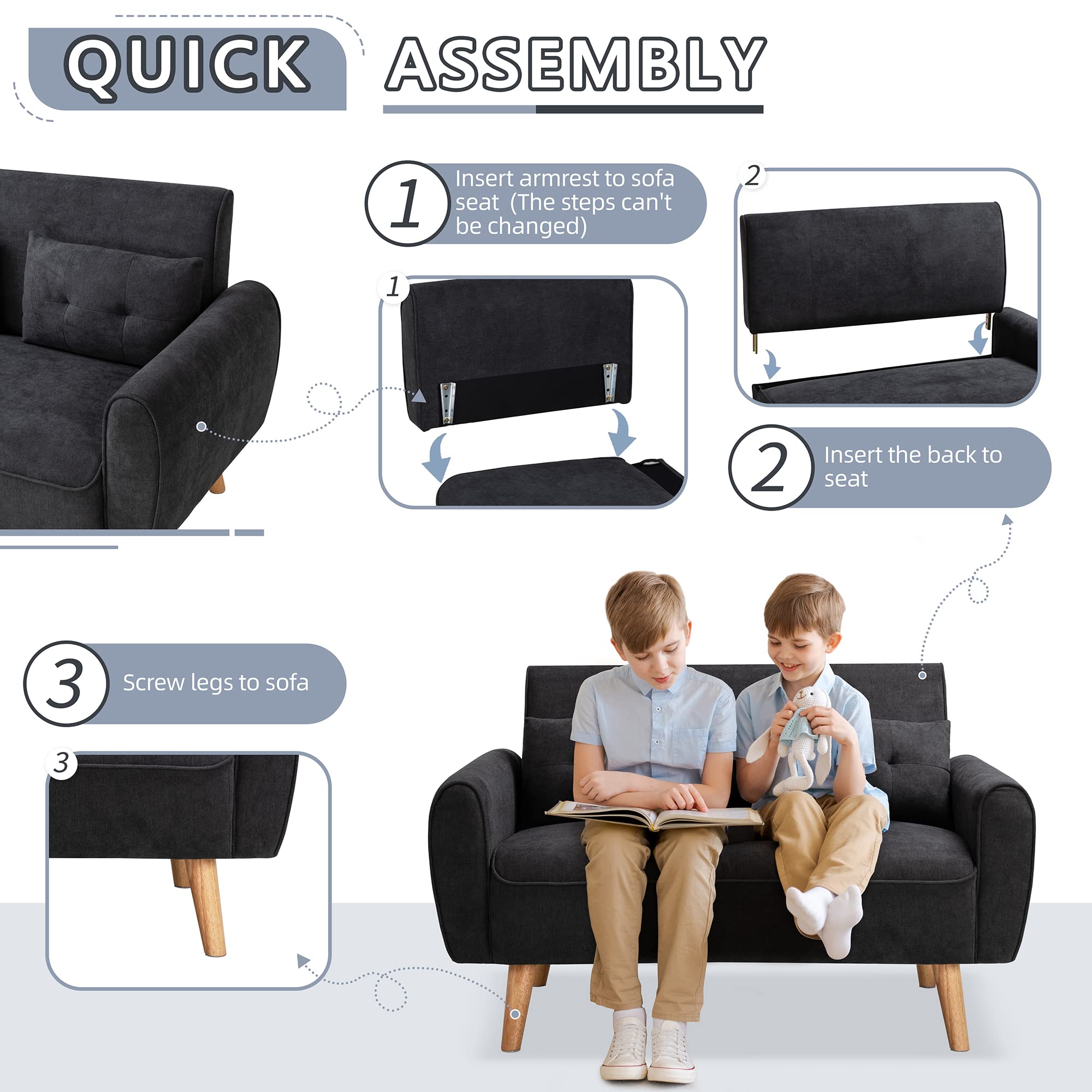 Shintenchi Modern Loveseat Sofa - Mid Century Fabric Upholstered 2-Seat Couch for Small Spaces, Living Room, Apartment or Studio - Includes 2 Decorative Pillows (Black) - Perfect for Compact Homes, Cozy Reading Nooks and Entertaining Guests