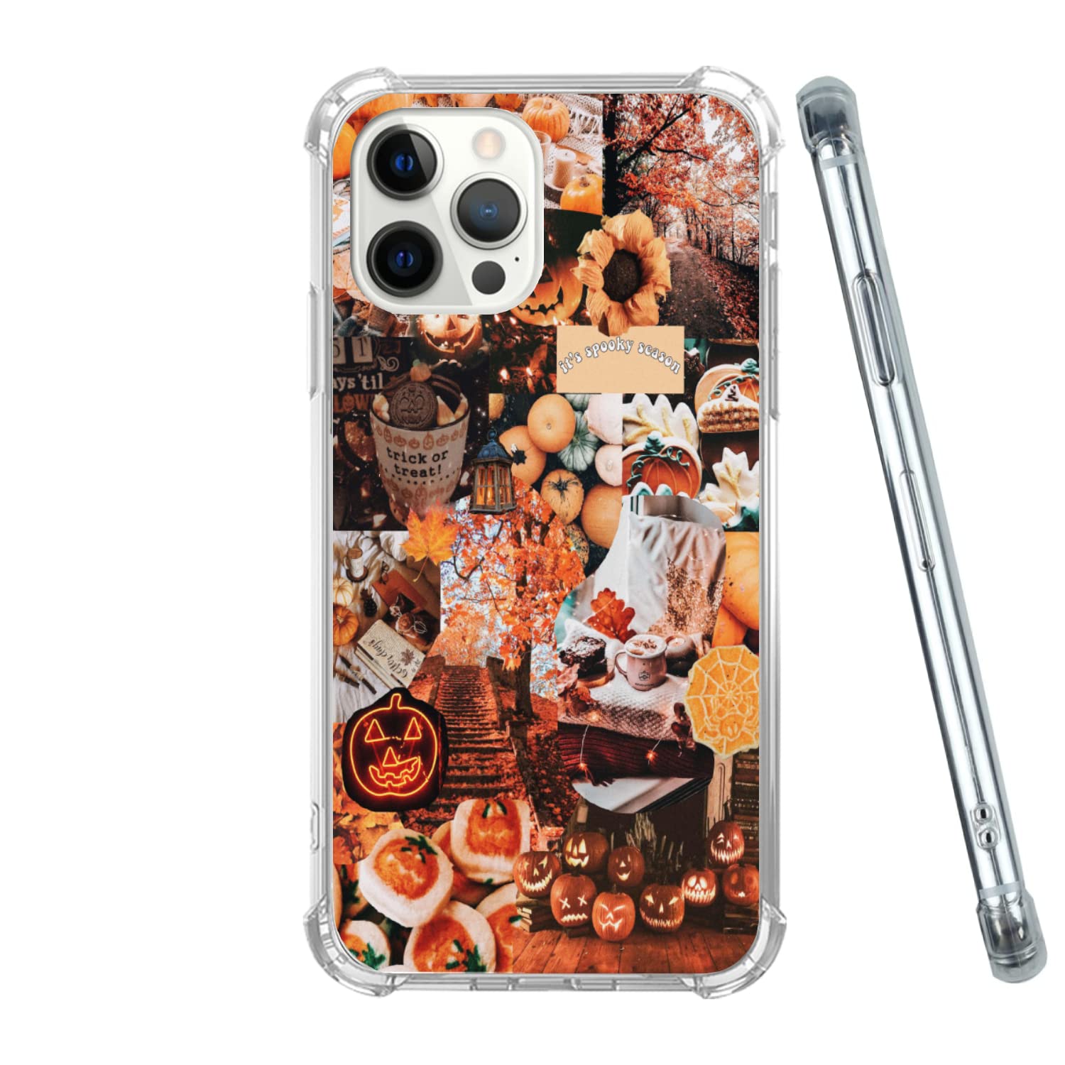 Halloween Pumpkin Collage iPhone 13 Pro Max Case - Aesthetic Autumn Maple Design Soft TPU Phone Cover for Women & Men | Trendy Protective Bumper for Fall Season, Thanksgiving, and Holiday Gifts