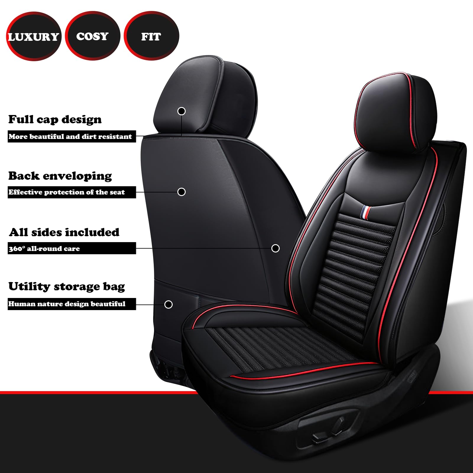 Premium Leather Car Seat Covers for Nissan Juke 2011-2017 - Universal Anti-Slip Design Fits Most Cars, Sedans, SUVs & Trucks (Black Red Bars) - Perfect for Daily Commuting, Road Trips & Vehicle Protection