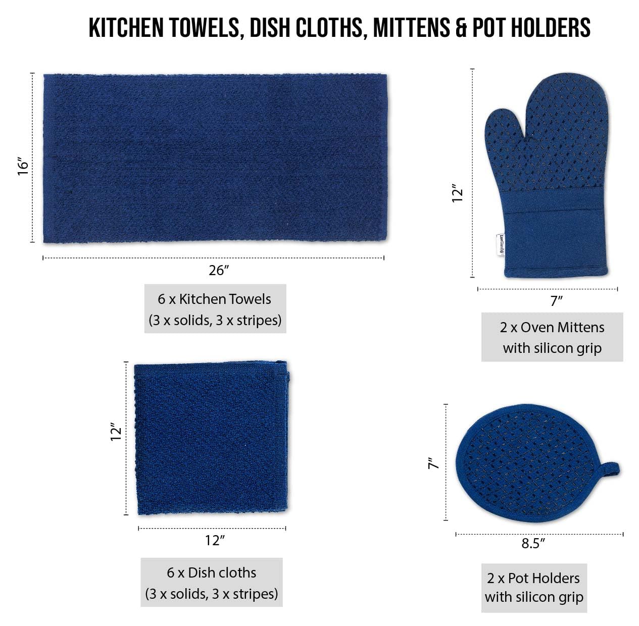Premium 16-Piece LANE LINEN Kitchen Towel Set - Ultra Absorbent Cotton Tea Towels, Dish Towels & Hand Towels with Silicone Oven Mitts & Pot Holders - Indigo Blue - Perfect for Cooking, Baking & Kitchen Decor