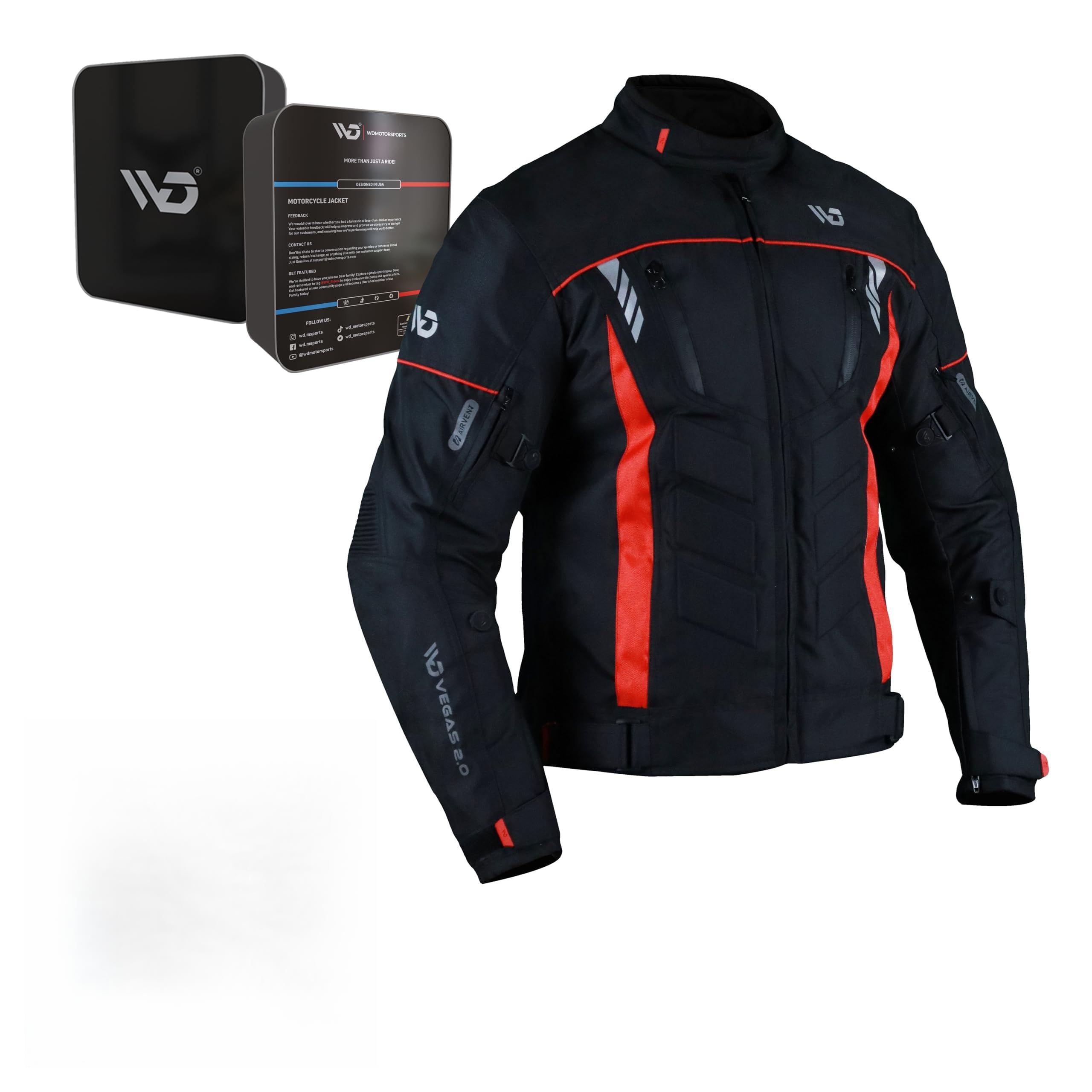 WD Men's CE Armored Motorcycle Jacket - Breathable Cordura Fabric with Padding & Reflective Strips for Night Visibility - Vegas 2.0 Powersports Protective Gear (Red, 4XL) - Ideal for Street Riding, Commuting & Adventure Tours
