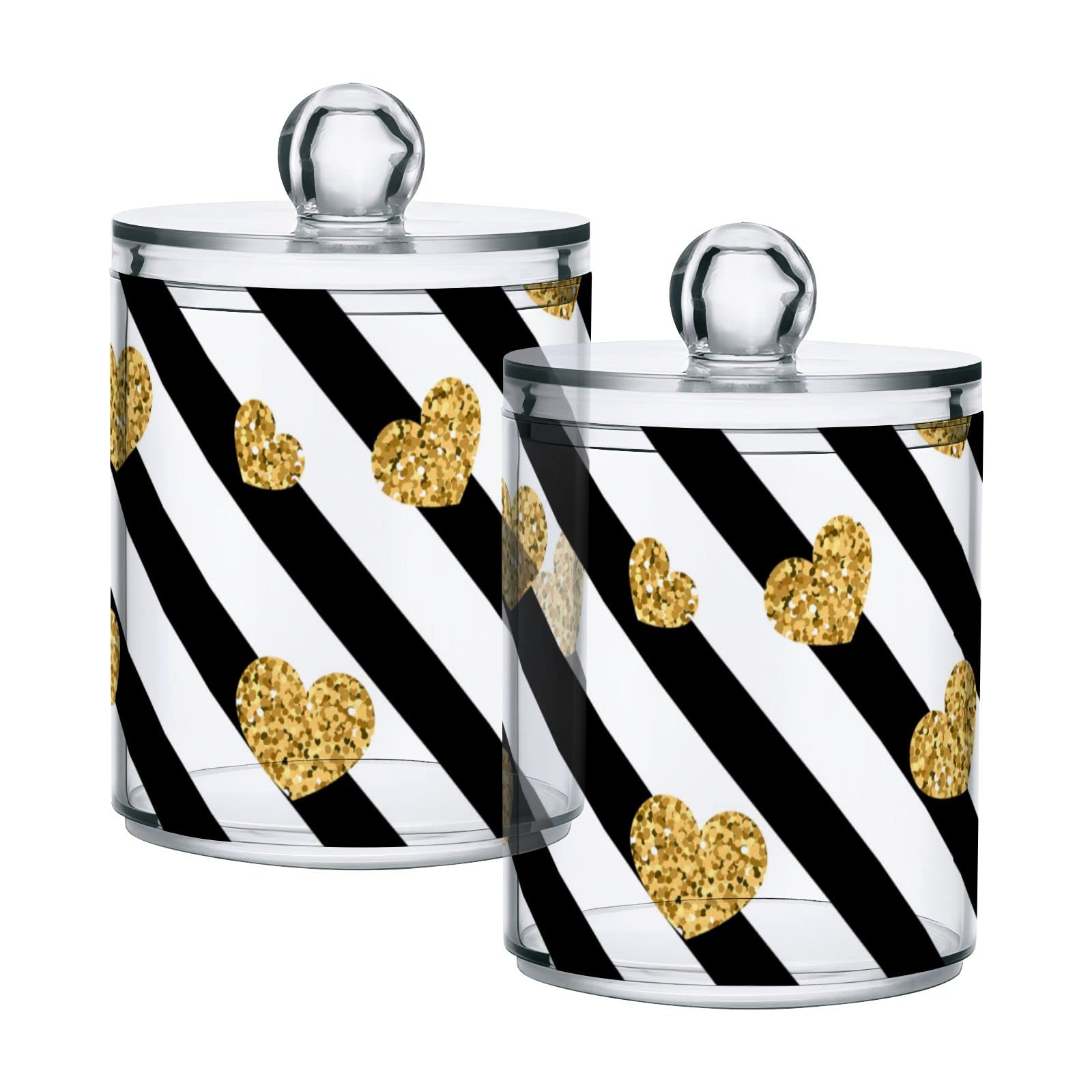 2-Pack Gold & Black Geometric Stripes Plastic Storage Jars with Airtight Lids - 10oz Translucent Food Containers for Tea, Cookies, Cotton Swabs | Kitchen Pantry Organization & Bathroom Storage Solutions