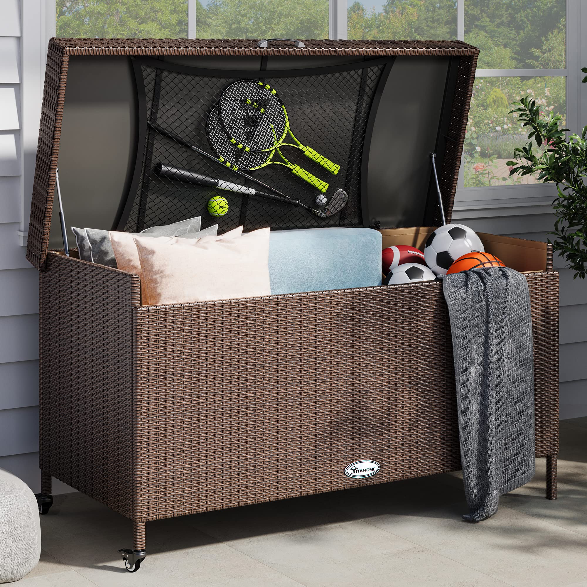 YITAHOME 200 Gallon Large Wicker Deck Box with Storage Net - XL Rattan Outdoor Storage Container for Patio Cushions, Garden Tools & Pool Equipment - Waterproof Brown Deck Box for Backyard, Porch & Poolside Storage