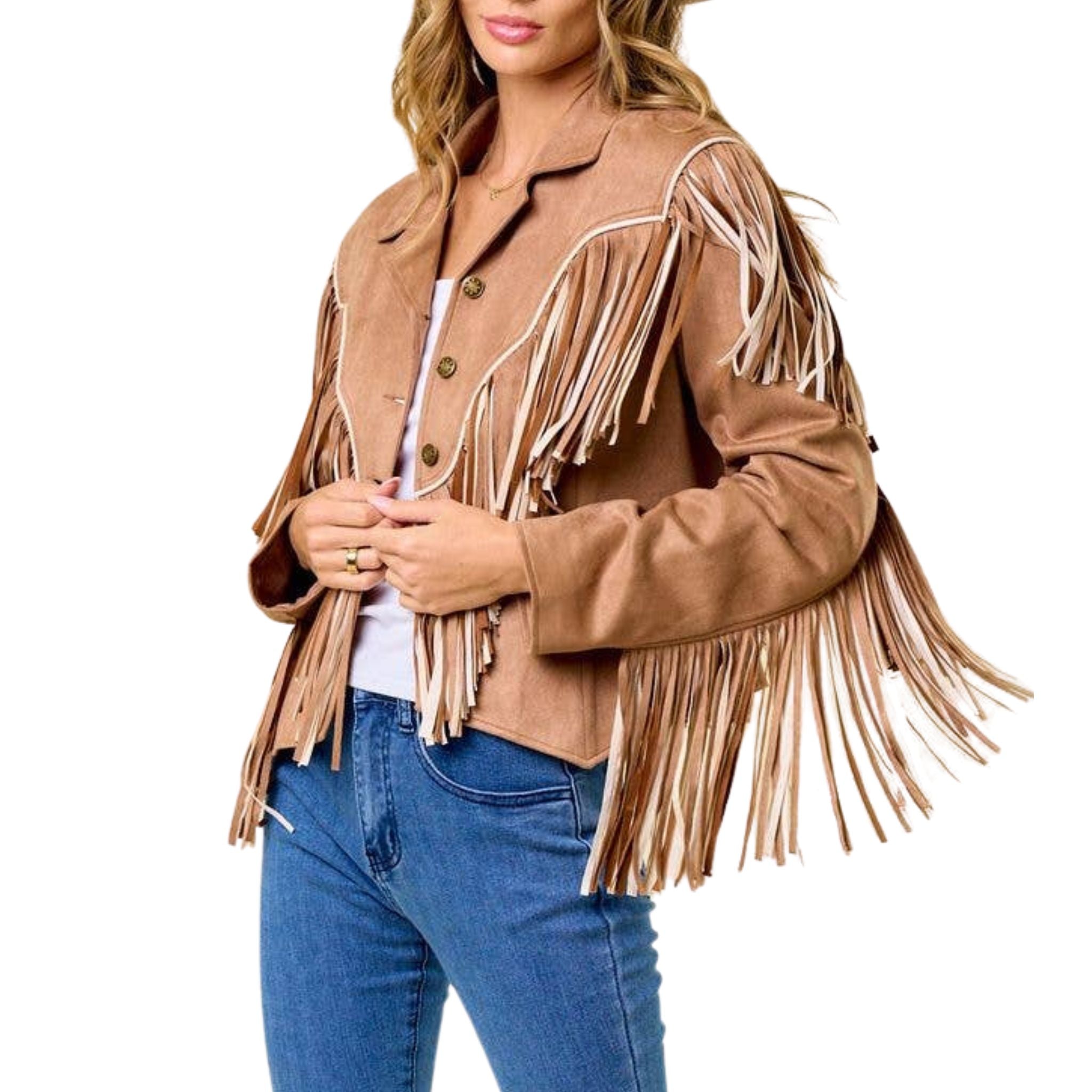 Stylish Tan & Brown Two-Tone Fringe Jacket for Women - Boho Chic Outerwear for Concerts, Festivals & Fall Fashion