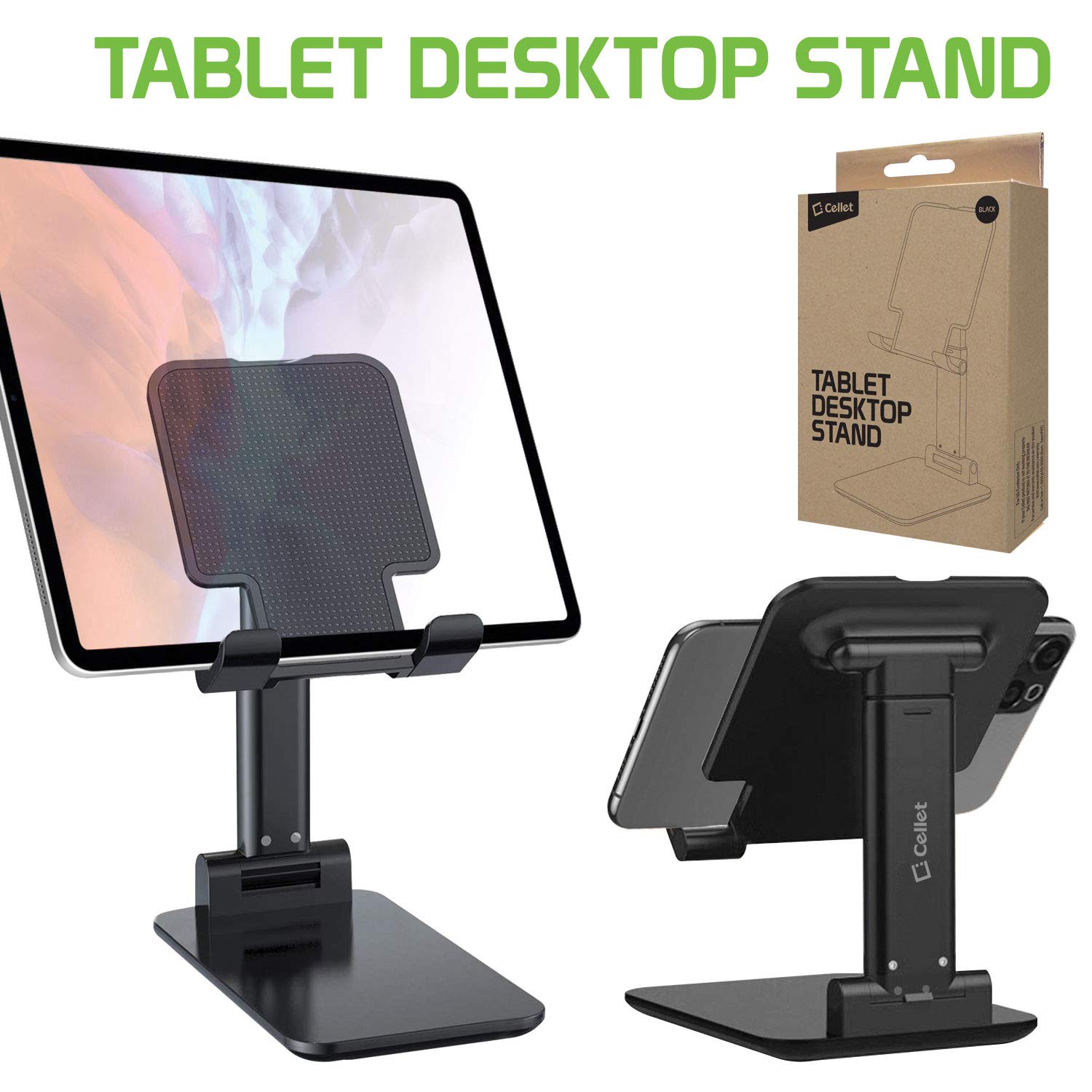 Adjustable Phone Holder & Tablet Stand - Foldable Desktop Dock Mount for iPhone, iPad Pro/Air/Mini, Android Smartphones & Tablets (Black) | Perfect for Home Office, Bedside, Kitchen & Travel Use