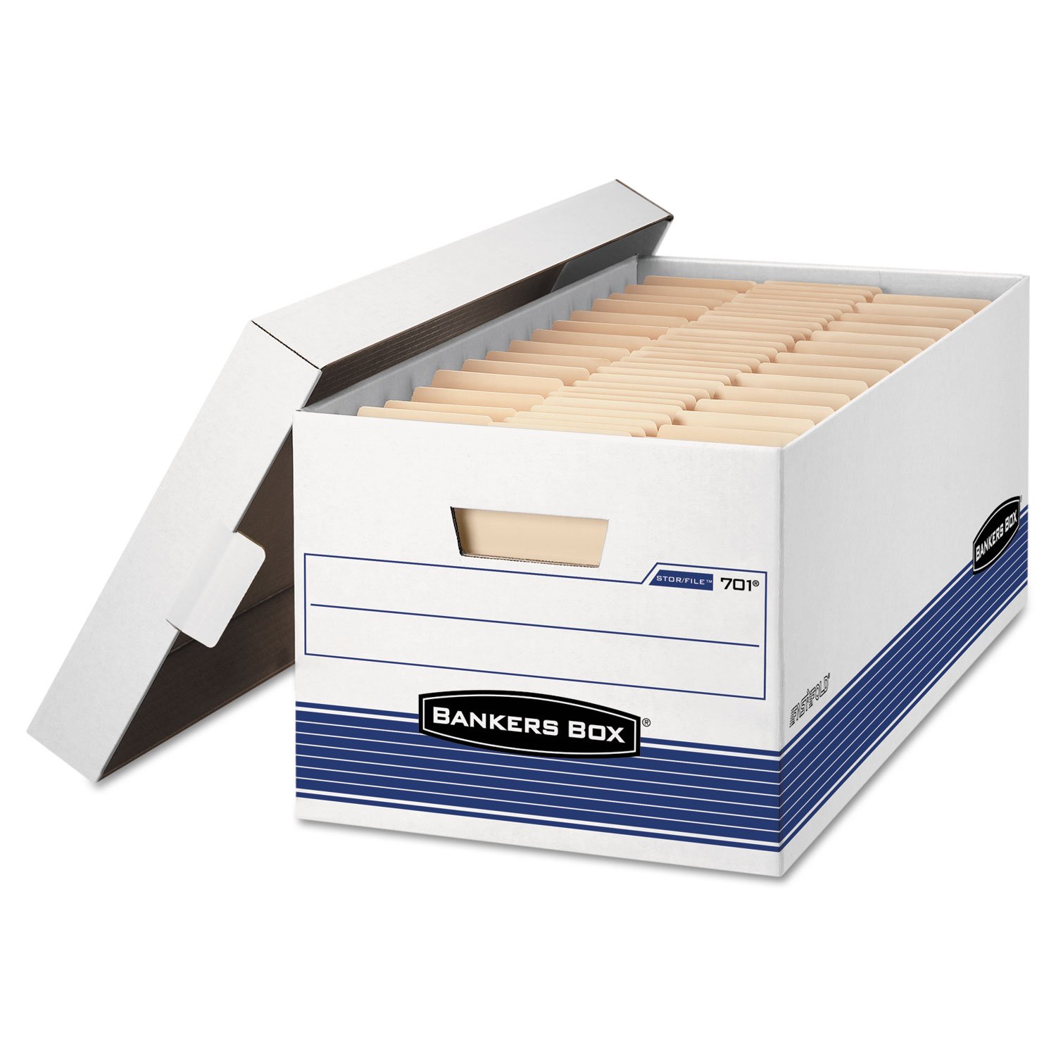 Bankers Box 0070205 STOR/FILE Legal Size Storage Box with Locking Lid - White & Blue - 4-Pack - Perfect for Office Document Organization & Secure File Storage