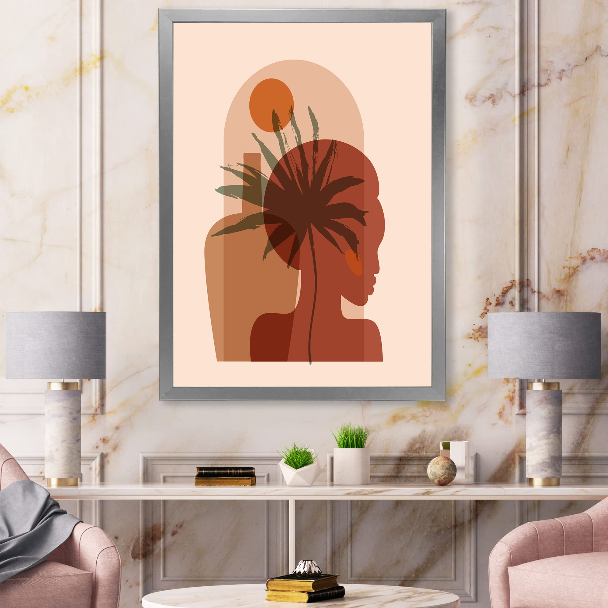 Abstract Tropical Palm Leaf & Pretty Girl Portrait Modern Framed Wall Art - Home & Office Decor for Living Room, Bedroom, Dining Area