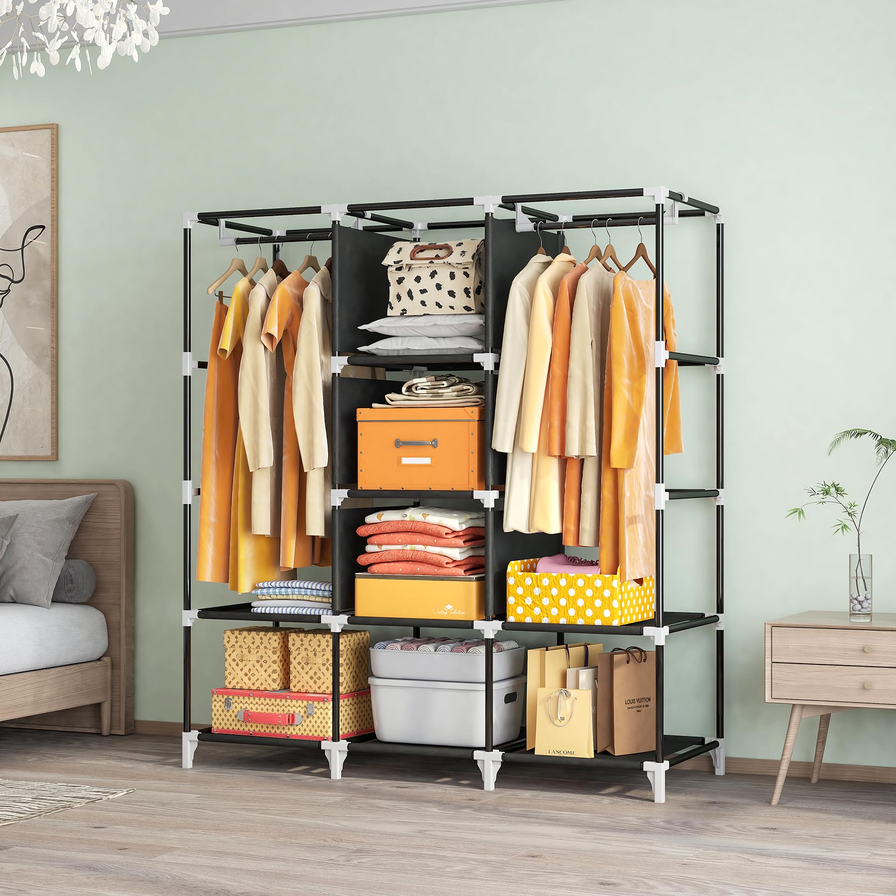 53 Inch Portable Closet with 2 Hanging Rods & 8 Shelves - Non-Woven Fabric Wardrobe for Clothes Storage - Easy Assembly Black - Perfect for Bedroom, Dorm, Apartment & Small Space Organization