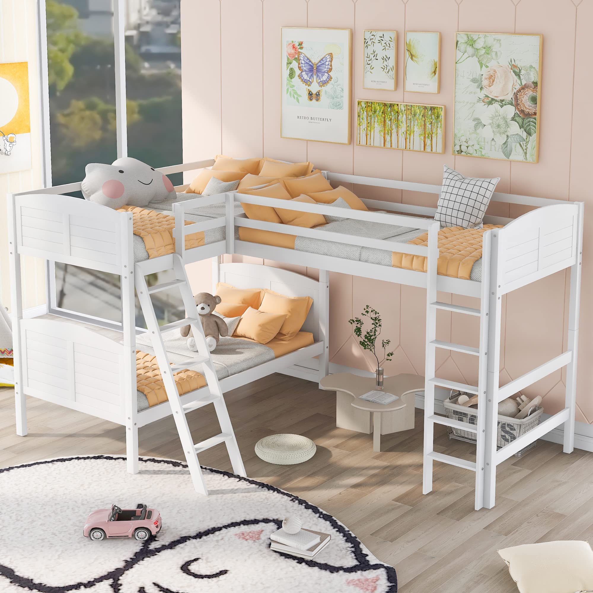 RUNNA Solid Wood L-Shaped Twin Size Triple Bunk Bed with Guardrails & 2 Ladders - No Box Spring Needed (White+TP) - Perfect for Kids' Bedrooms, Dorm Rooms & Space-Saving Home Solutions