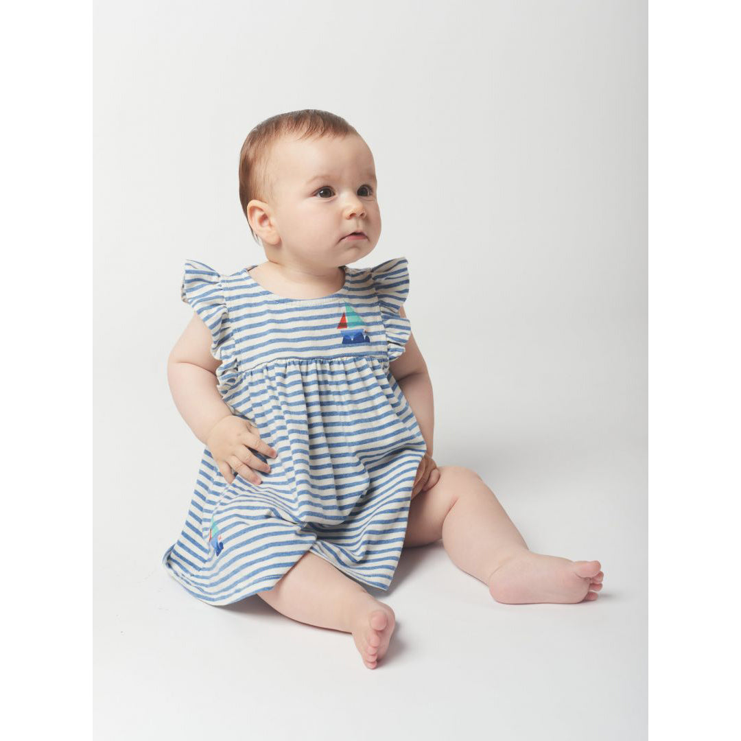 Bobo Choses Blue Stripes Ruffle Dress for Girls - Cute Summer Cotton Dress with Ruffled Sleeves - Perfect for Birthday Parties, Beach Outings, and Casual Playdates