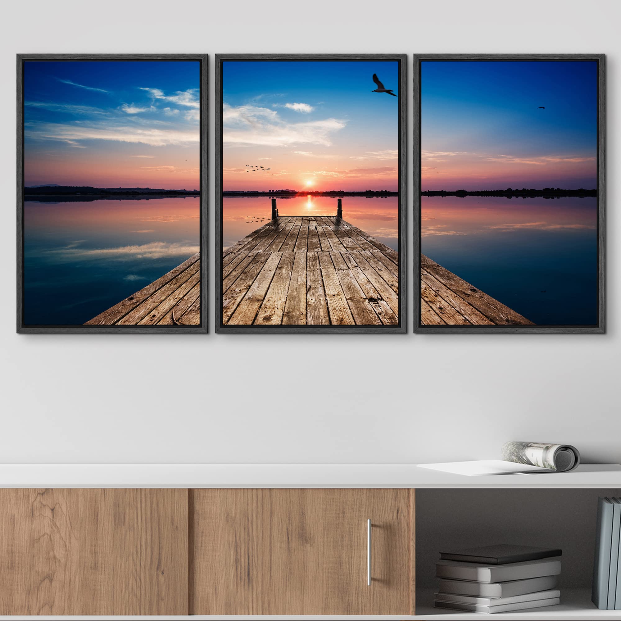 Wall26 Sunset Wooden Pier Framed Canvas Wall Art - 16x24 Inches, Black Wood Frame - Perfect for Living Room, Bedroom & Office Decor