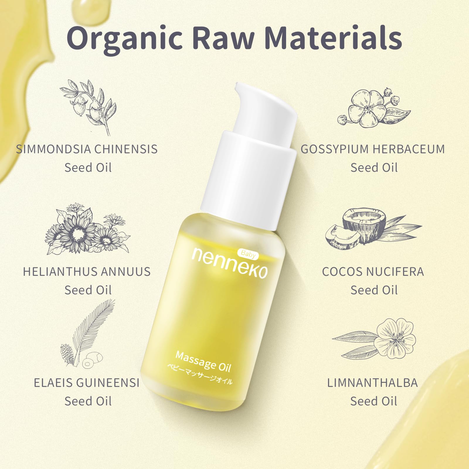 Organic Unscented Baby Massage Oil for Newborns - NENNEKO Gentle Baby Oil with Mineral & Sunflower Oil - Hypoallergenic Moisturizer & Soothing Care - Coconut Oil for Soft Hydrated Skin - Perfect for Daily Massage, Diaper Changes & Bedtime Routine