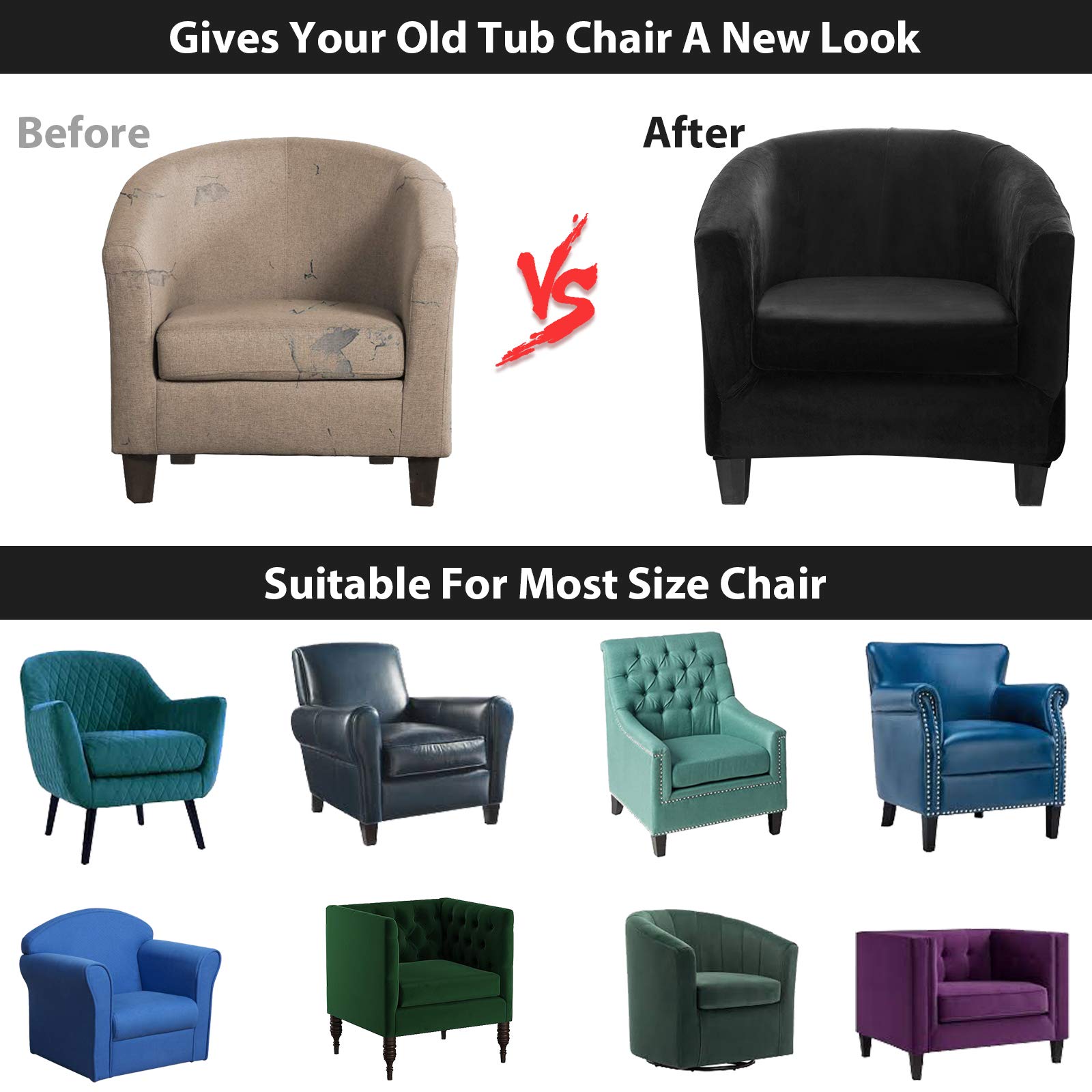 2-Piece Velvet Club Chair Cover Set with Cushion Cover - Stretchable Jacquard Spandex Armchair Protector for Living Room, Bar, Hotel & Internet Cafe Furniture (Black, 1 Piece) - Perfect for Home Decor, Office Seating & Commercial Spaces