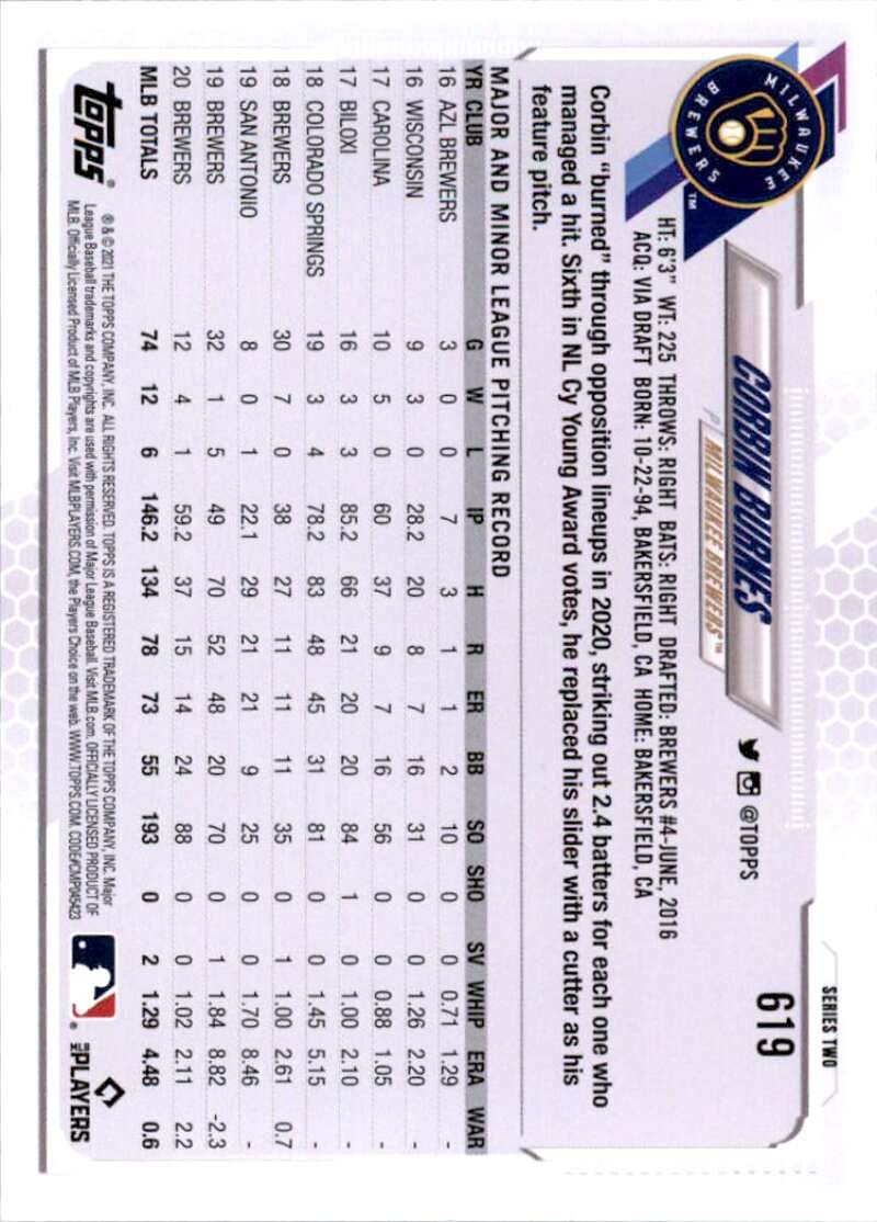 2021 Topps #619 Corbin Burnes NM-MT Milwaukee Brewers Baseball Card - Perfect for Collectors, Fans & Sports Memorabilia Displays