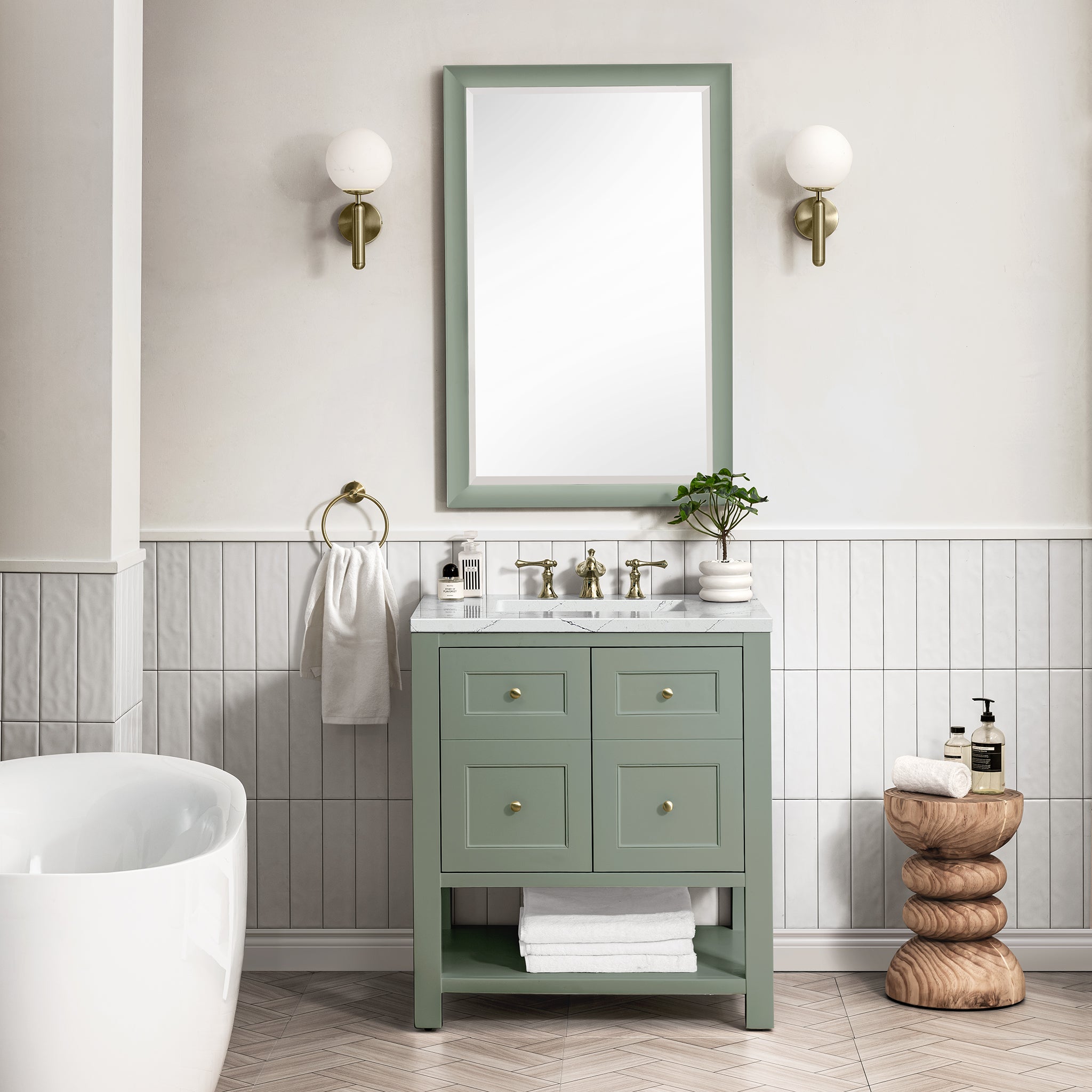 Breckenridge 30 Inch Single Bathroom Vanity with Smokey Celadon Finish & 3CM Ethereal Noctis Quartz Top - Perfect for Modern Master Bathrooms & Guest Powder Rooms