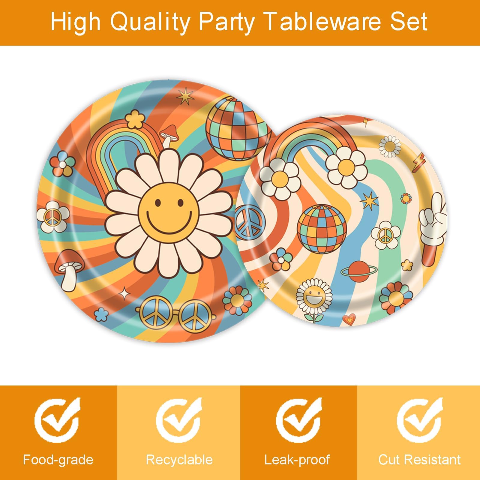 96-Piece Groovy Hippie 70s Party Supplies Kit - Boho Flower Rainbow Disposable Tableware Set with Plates, Napkins & Forks - Retro Daisy Birthday Party Decorations & Favors - Perfect for 70s Theme Parties, Boho Baby Showers, and Hippie Birthday Celebrations (Serves 24)