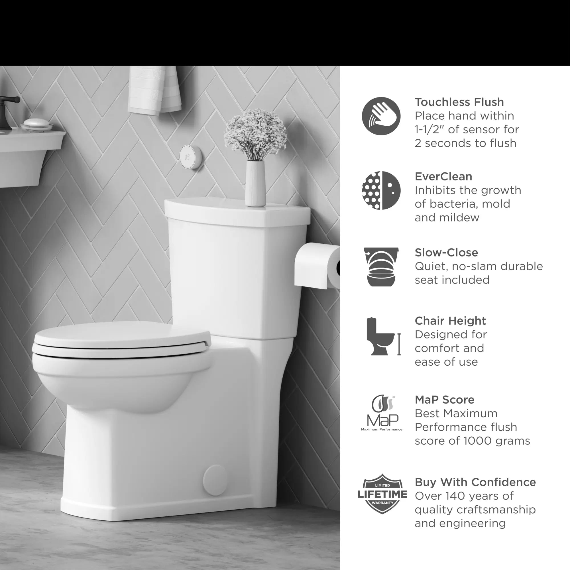 Estate® Touchless Skirted Two-Piece 1.28 GPF/4.8 LPF Elongated Toilet with Seat - Water Efficient, Comfort Height, Modern Design for Bathroom & Powder Room Renovations