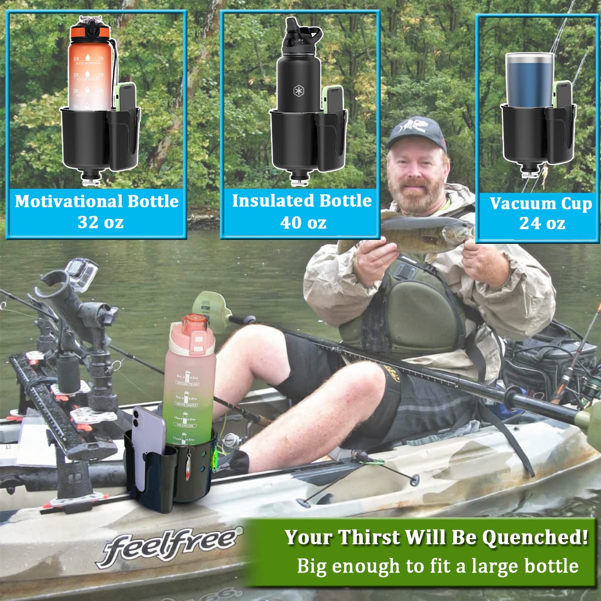 2Pcs Multifunctional Kayak Cup Holder & Phone Mount - Fishing Tool & Lure Storage - Kayak Bottle Drink Holder - Track Mount Accessories for Kayaking, Fishing & Outdoor Adventures