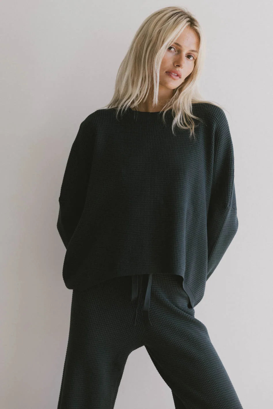 Jesse Waffle Knit Top Women's Long Sleeve Crewneck Sweater in Navy Blue | Cozy Casual Winter Pullover for Fall & Winter Outfits | FINAL SALE