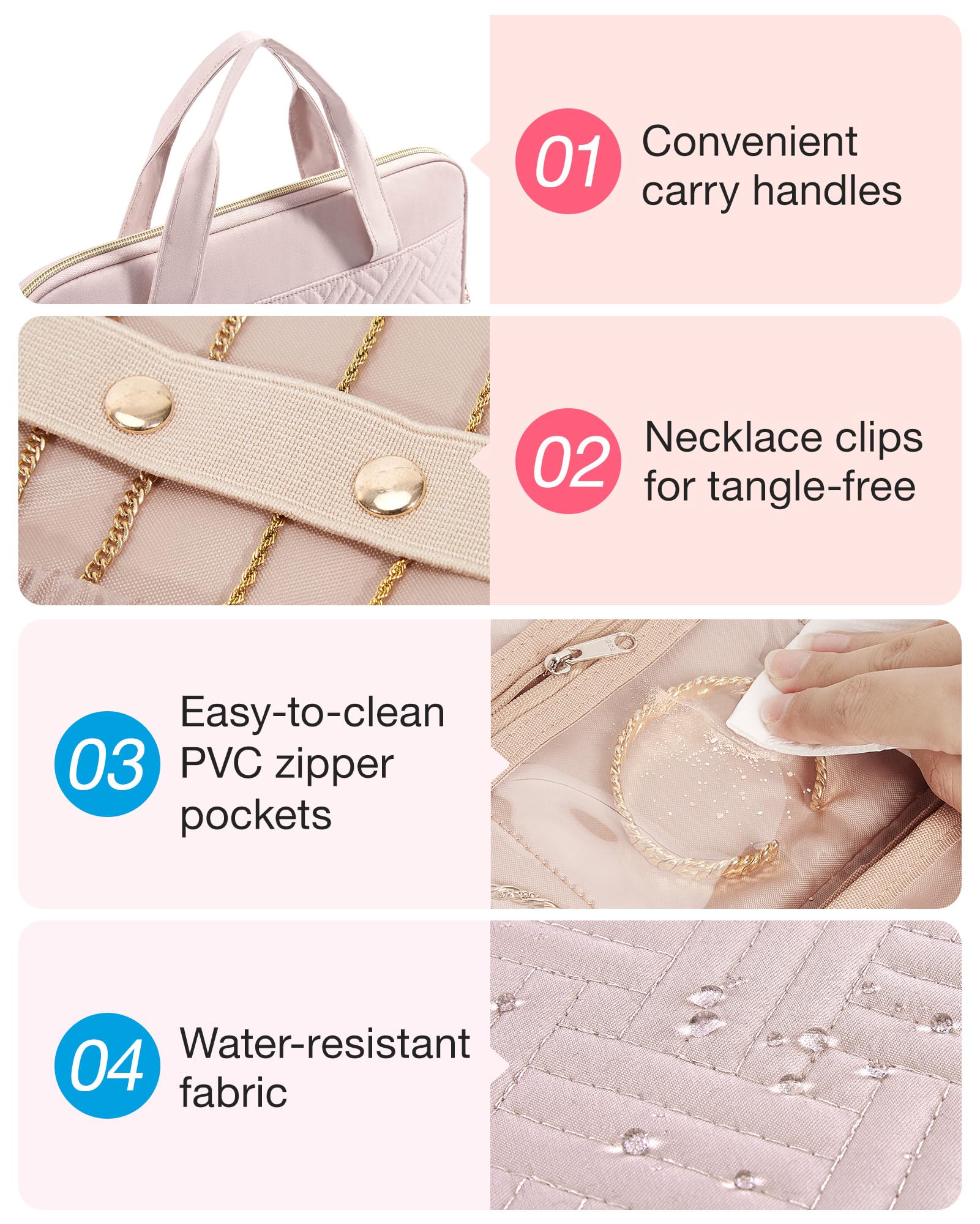 BAGSMART Travel Jewelry Organizer - Hanging Roll Jewelry Case with Zipper Pockets to Prevent Oxidation, Large Capacity for Earrings Necklaces Rings - Perfect for Closet Wall Door Storage & Portable Travel Essentials (Pink) | Great for Vacation Business Trips & Daily Jewelry Organization