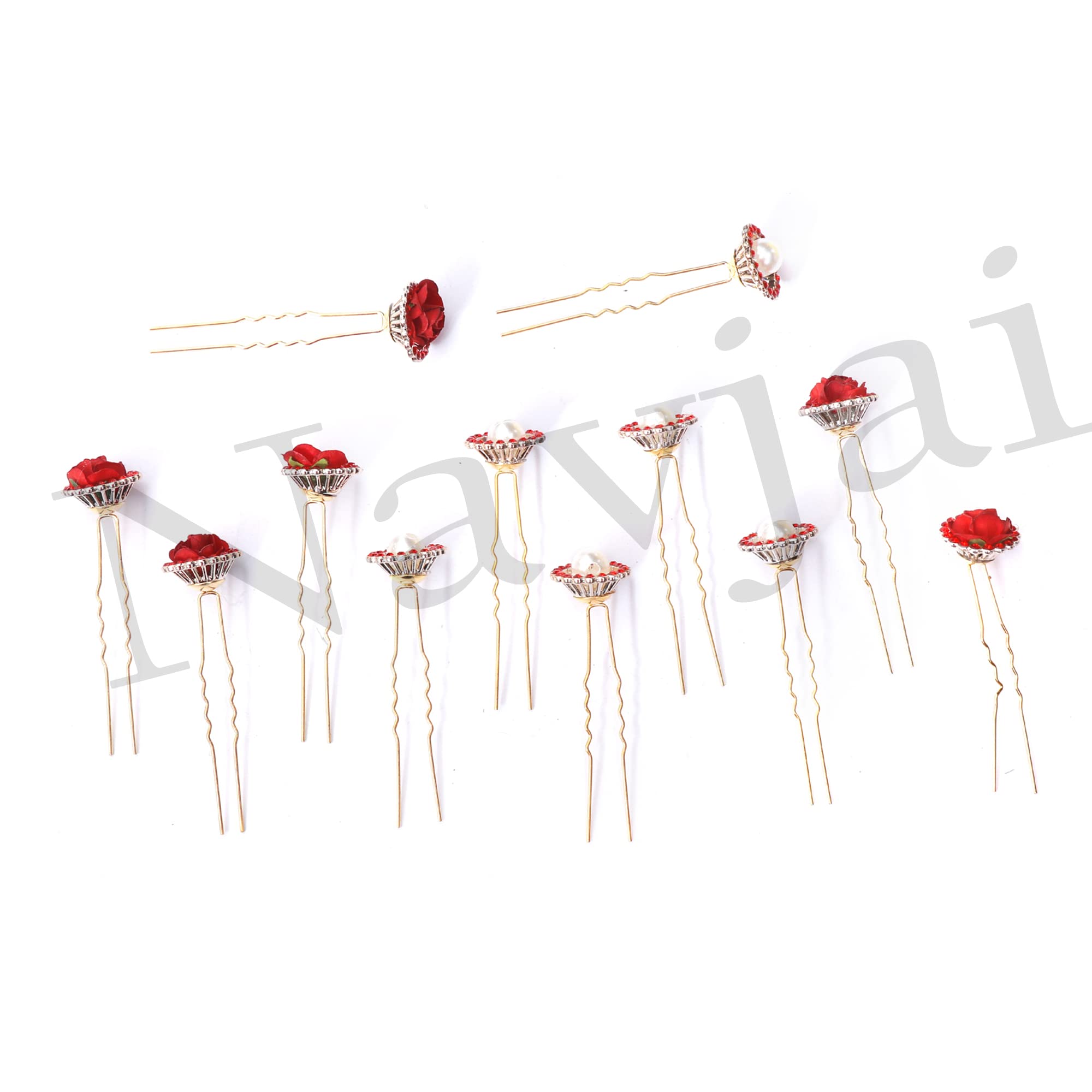Handmade Red Rose Floral Hairpin - Elegant Bridal Hair Accessory with Imitation Crystal Rhinestones & Pearls, U-Shaped Hair Fork for Weddings, Parties & Special Occasions (Pack of 12)