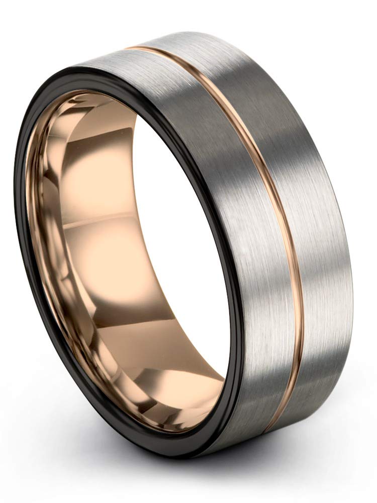 Midnight Rose Tungsten Wedding Band Ring 9mm for Men & Women - 18k Rose Gold Plated, Flat Cut Center Line, Black Grey Brushed & Polished Finish - Perfect for Anniversaries, Engagements & Everyday Wear