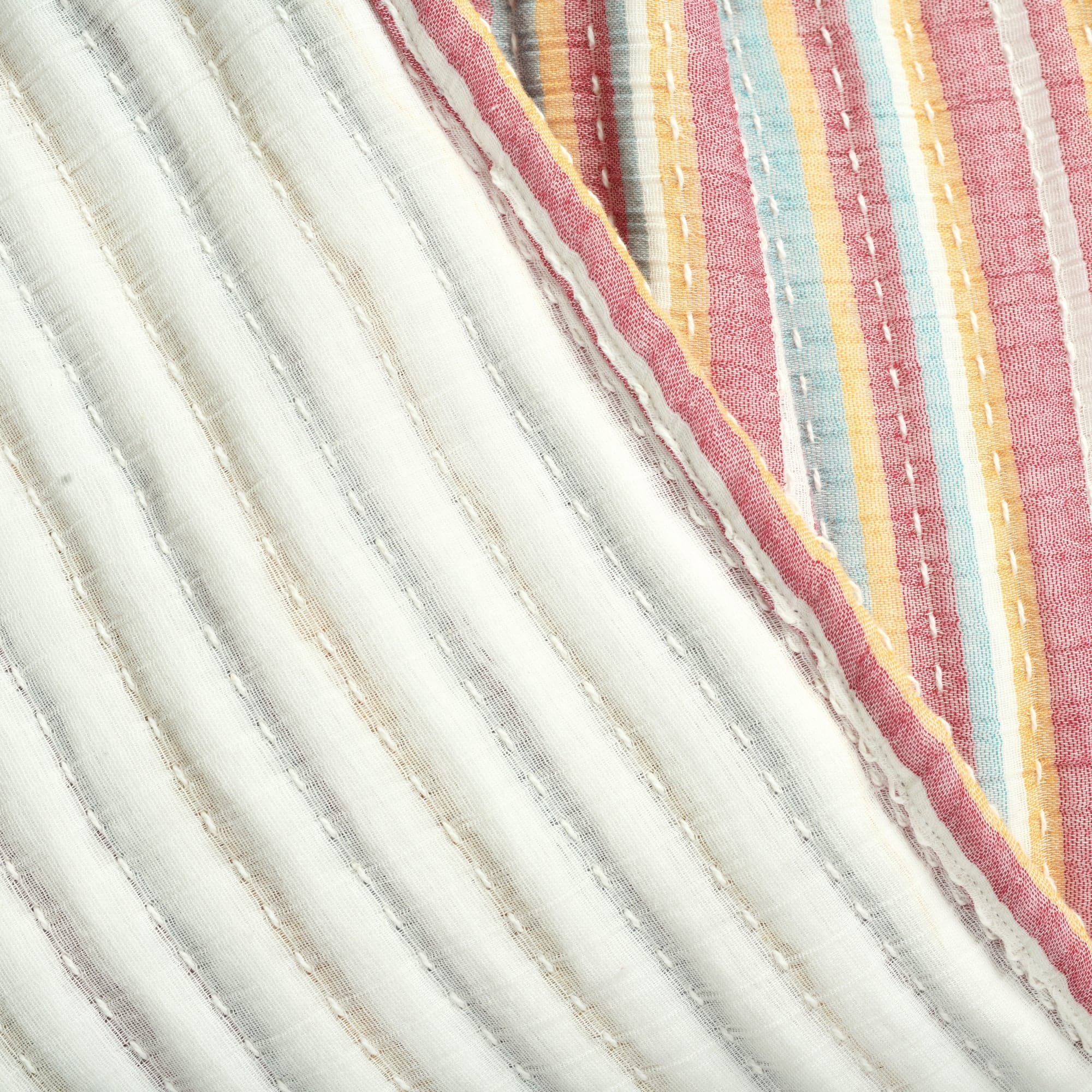 Tracy Stripe Kantha Handwoven Cotton Throw Blanket - Yarn Dyed, Pick Stitch Detail - Perfect for Sofa, Bed & Cozy Home Decor